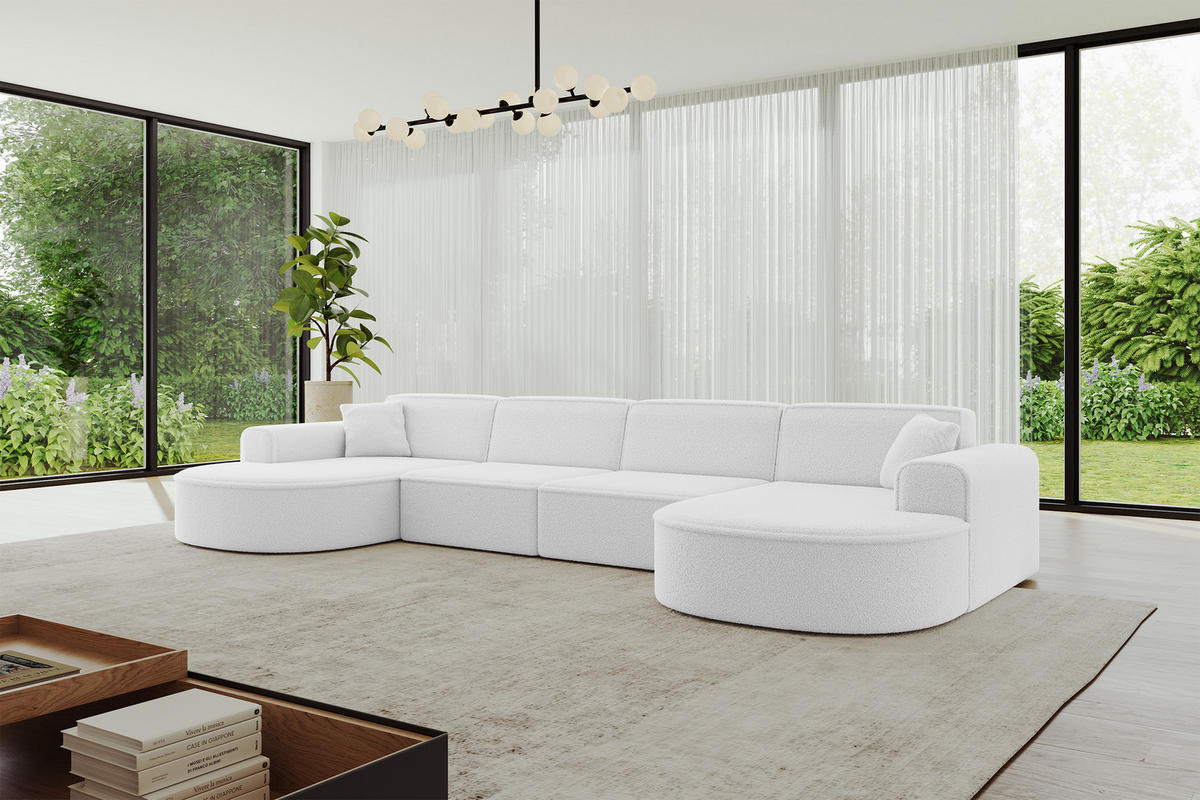 WOHNLANDSCHAFT MARI-U2 - 388x171x79 cm Weiß Bouclé - Schwarz/Weiß, Holzwerkstoff/Kunststoff (388/79/171cm) - ALTDECOR
