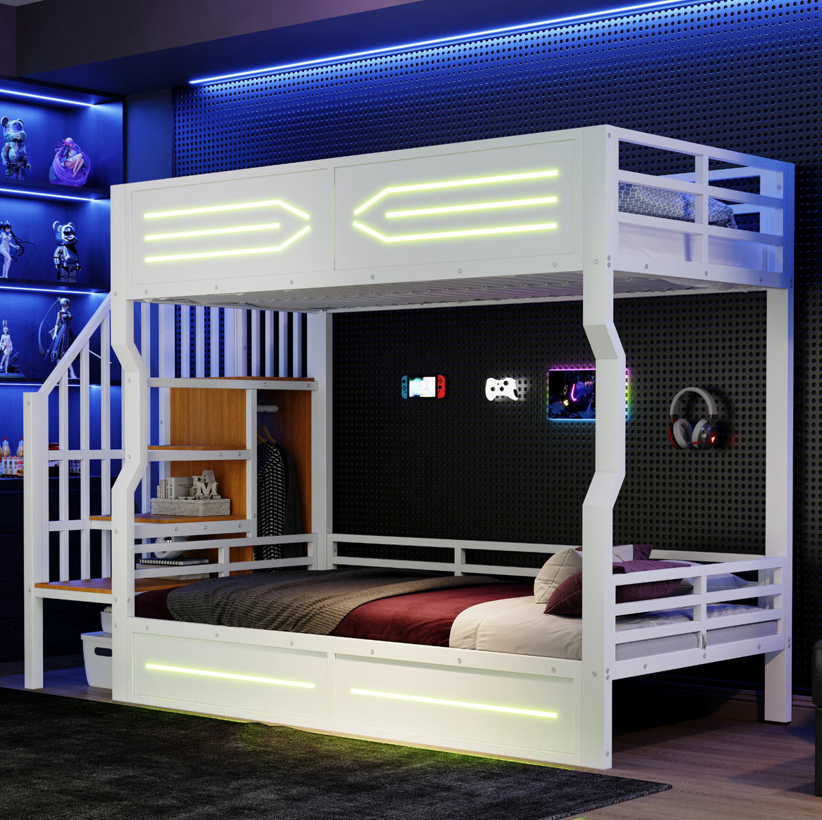 VÝŠKOVÁ posteľ 90/200 cm biela s LED osvetlením, úložnými schodmi a skriňou z MDF a kovu - biela, kompozitné drevo (90/200cm) - OKWISH