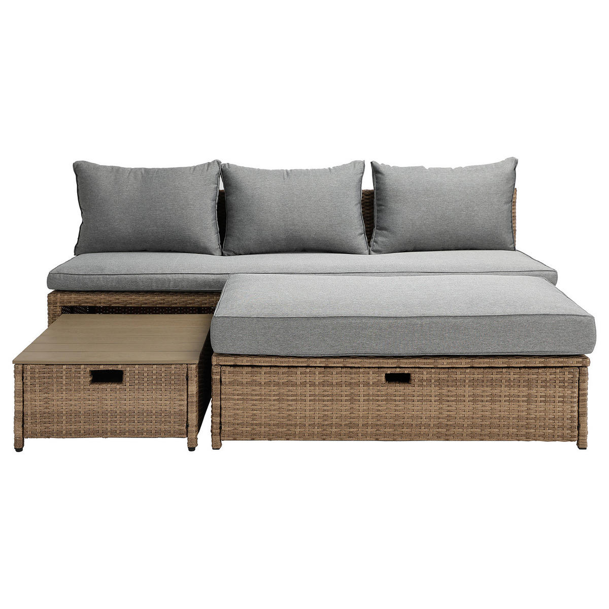 LOUNGESET 3-teilig - Polyrattan / Webstoff - Braun / Grau - Braun/Grau, Naturmaterialien/Textil - home24