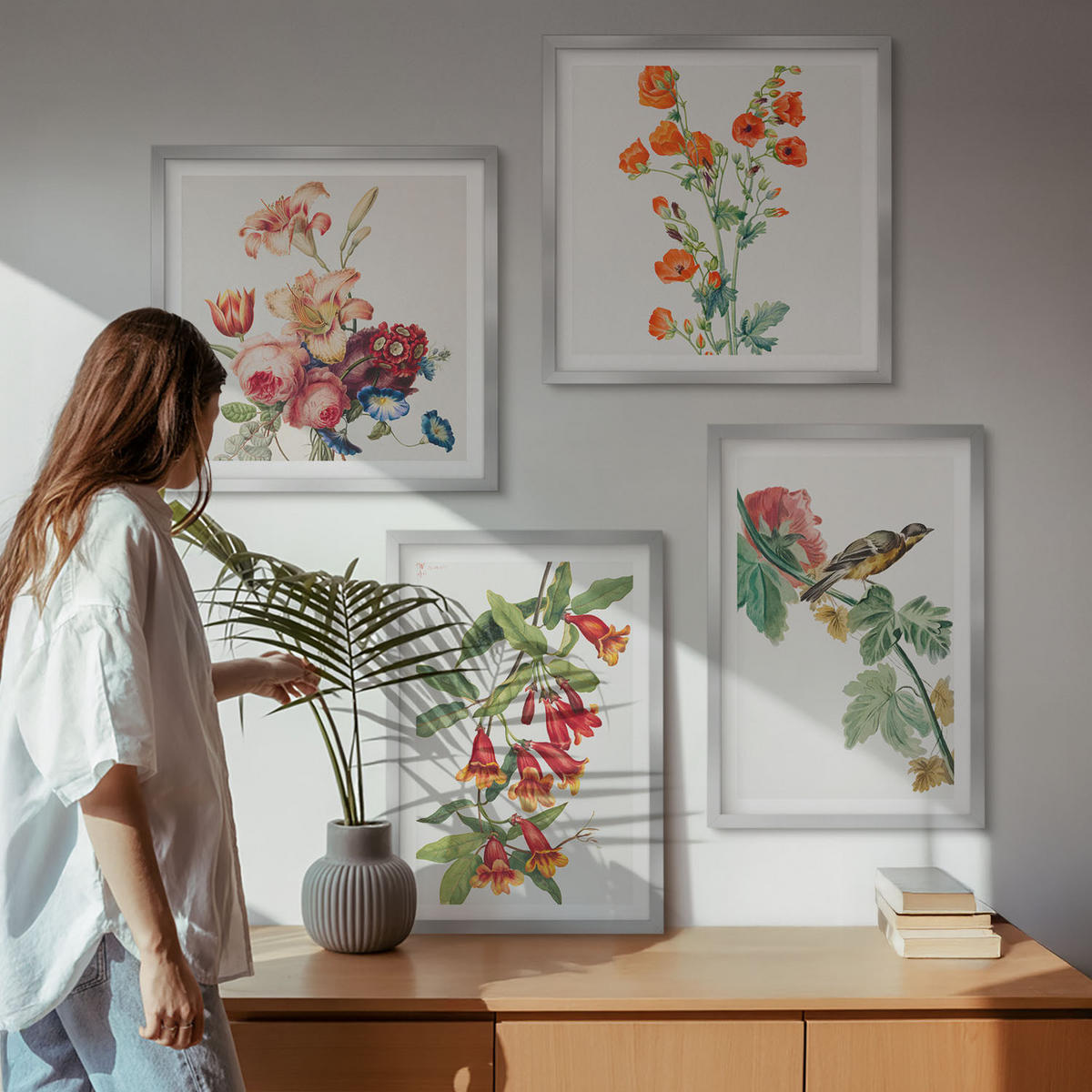 BILDER SET 4er Set - 50x50 cm & 40x60 cm Silberner Rahmen - Gemalte Blumen, Retro-Vogel - Silberfarben, Kunststoff (50/50cm) - TULUP