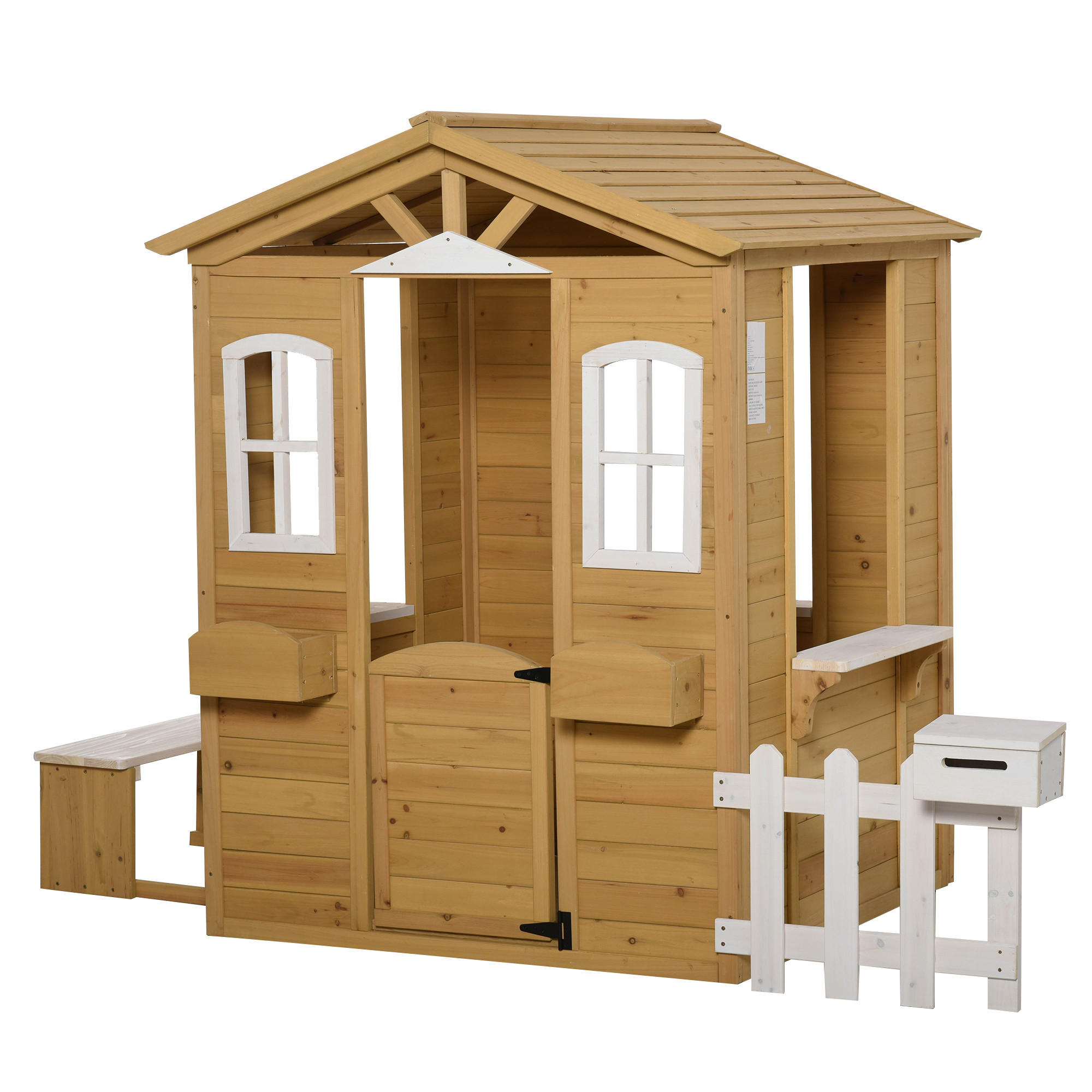 KINDERSPIELHAUS mit Fenster, Briefkasten, Outdoor, Tannenholz, Natur+Weiß - Naturfarben, Holz (107/140/204cm) - Outsunny