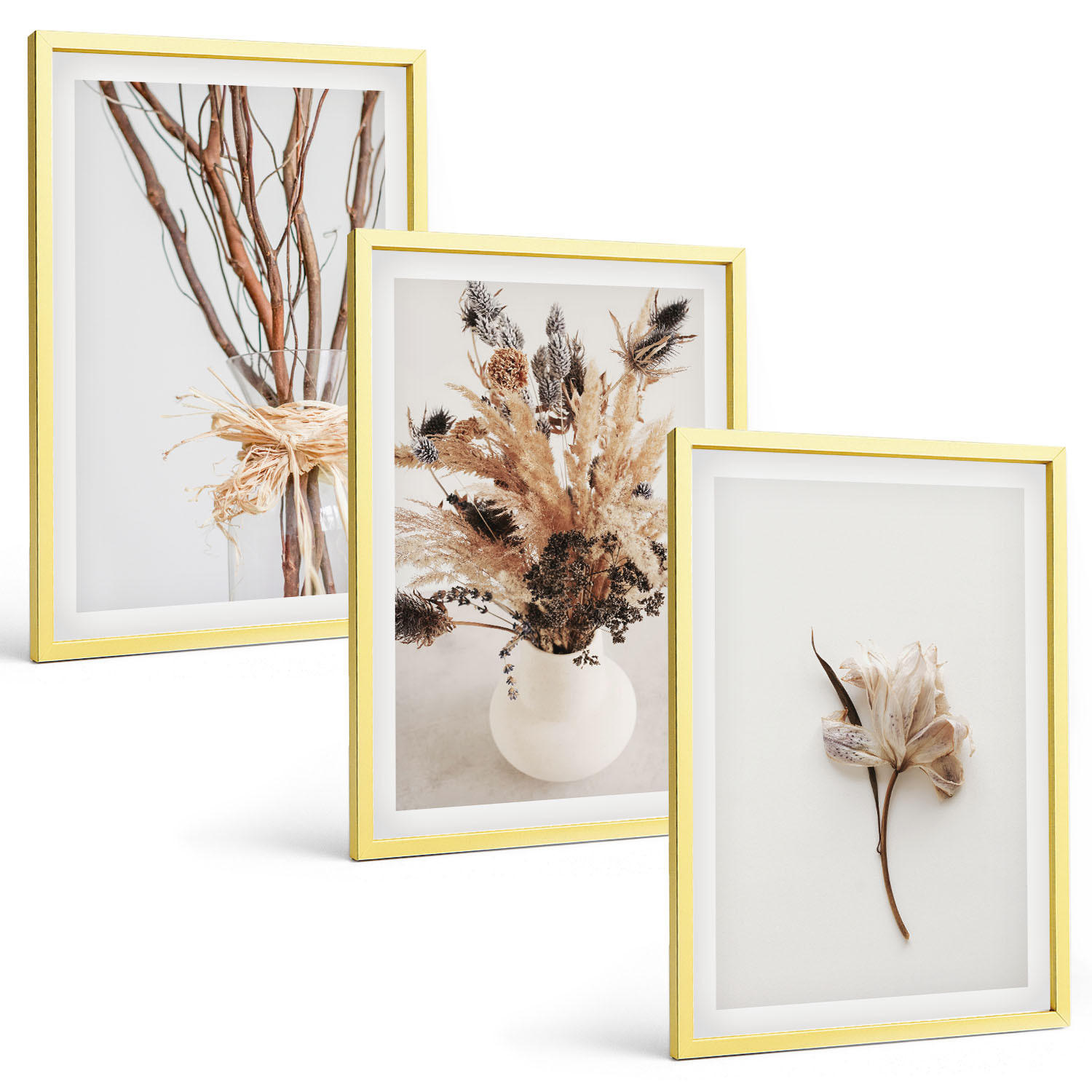BILDER SET 3er Set - 40x60 cm Goldrahmen - Blumenzweige minimalistisch - Goldfarben, Kunststoff (40/60cm) - TULUP