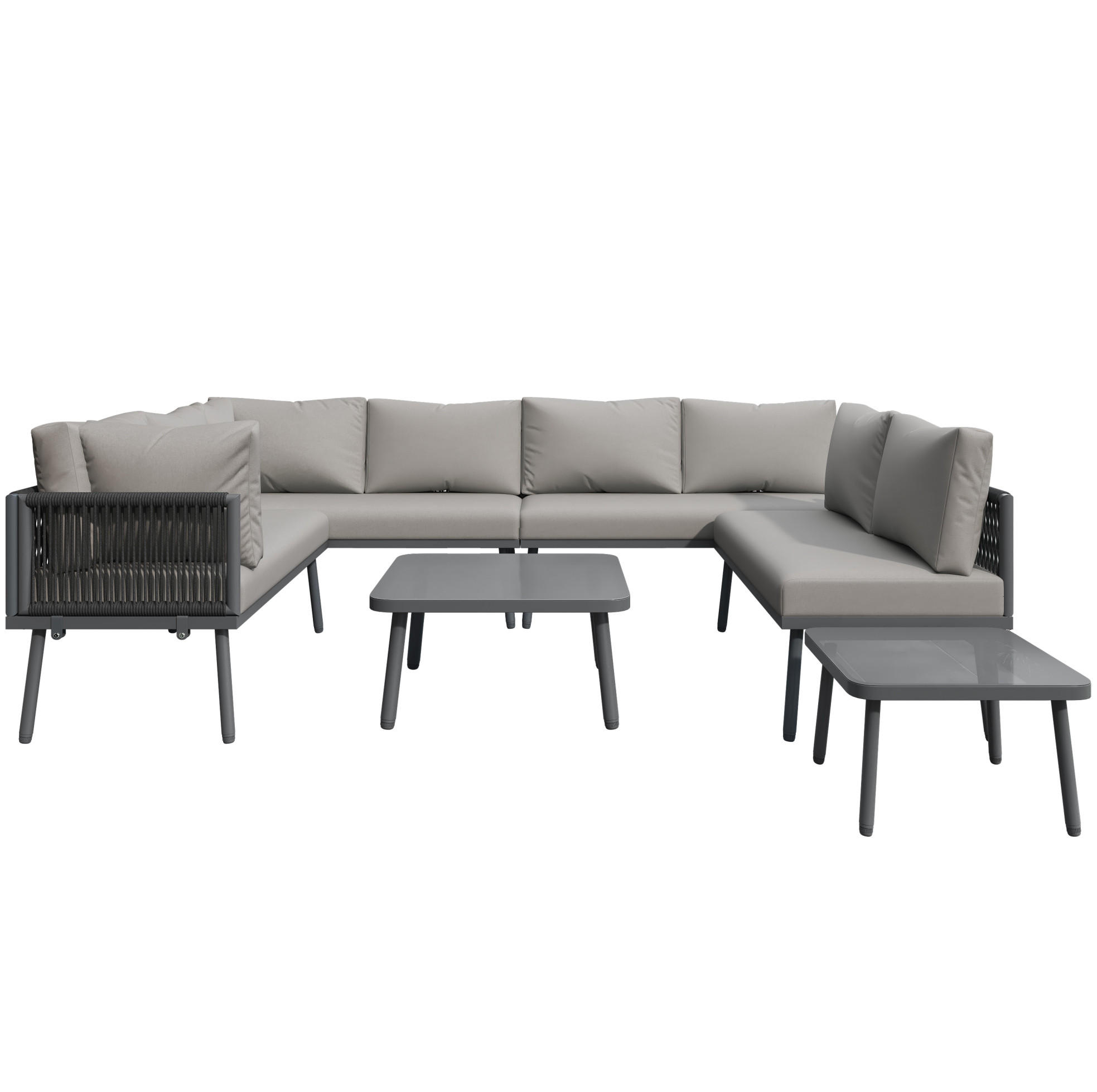 GARTEN-LOUNGE-SET, Metallgestell mit Seil-Details & Glas-Tischen, 120/60/72 cm, Grau - Grau, Metall - Redom