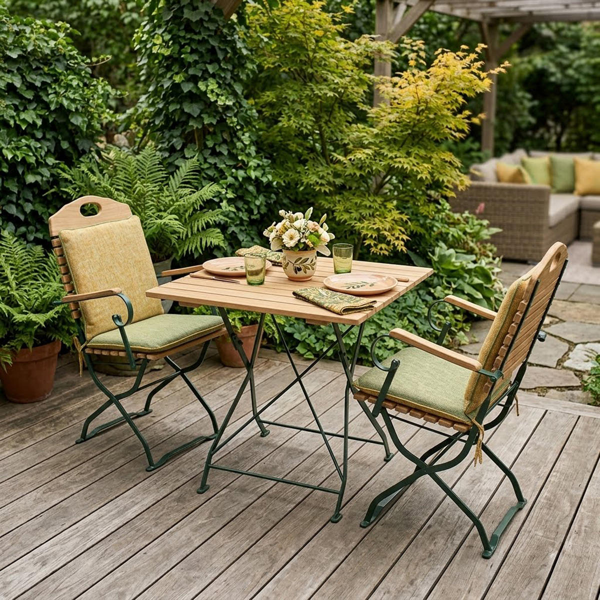 SITZGRUPPE Bad Belzig 3-teilig, Gartenset für 2 Personen - GartenSitzgruppe - Flachstahl - Robinienholz dunkelgrün - Grün, Holz - TPFGarden