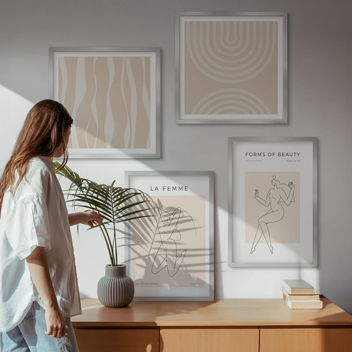 BILDER SET 4er Set - 50x50 cm & 40x60 cm Silberner Rahmen - Eine Sammlung minimalistischer Formen - Silberfarben, Kunststoff (50/50cm) - TULUP
