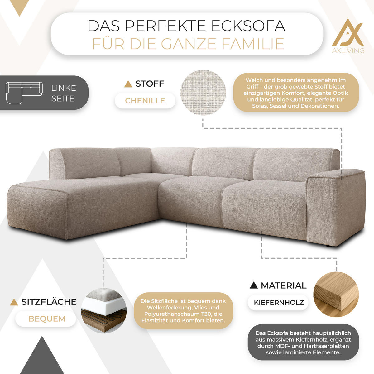ECKSOFA L Form Didim Creme 292/220/78 cm – großes Sofa stilvoll & bequem L - Creme/Schwarz, Kunststoff/Textil (220/292cm) - AX Living