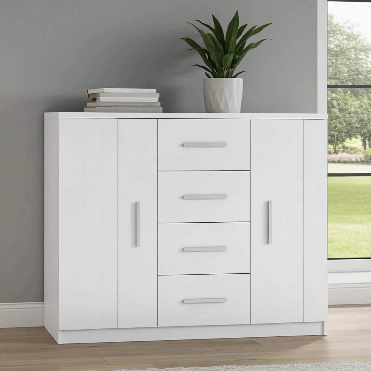 KOMMODE Tamiza 120 cm 4-Schubladen und 2-Türen - Silberfarben/Weiß, Holzwerkstoff/Kunststoff (120/90/40cm) - Ravio