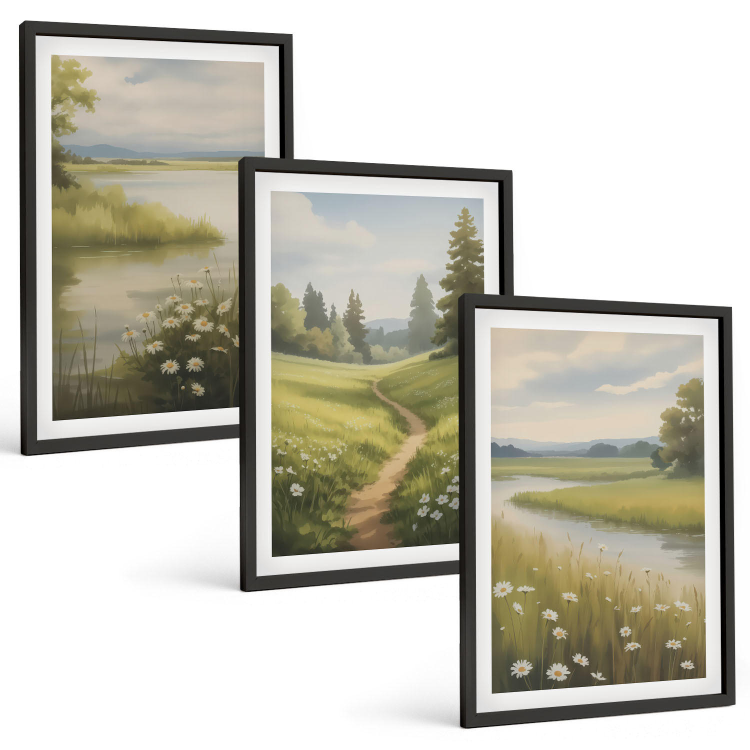 BILDER SET 3er Set - 40x60 cm Schwarzer Rahmen - Frühlingslandschaft Flusswiese - Schwarz, Kunststoff (40/60cm) - TULUP