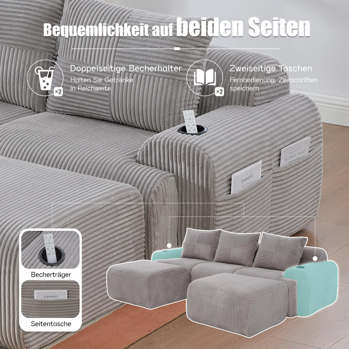 ECKSOFA mit Getränkehalter, Seitentasche und 2 Hockern sowie frei kombinierbaren Cordmodulen in Hellgrau - Hellgrau, Textil (268/174cm) - EVRYAE