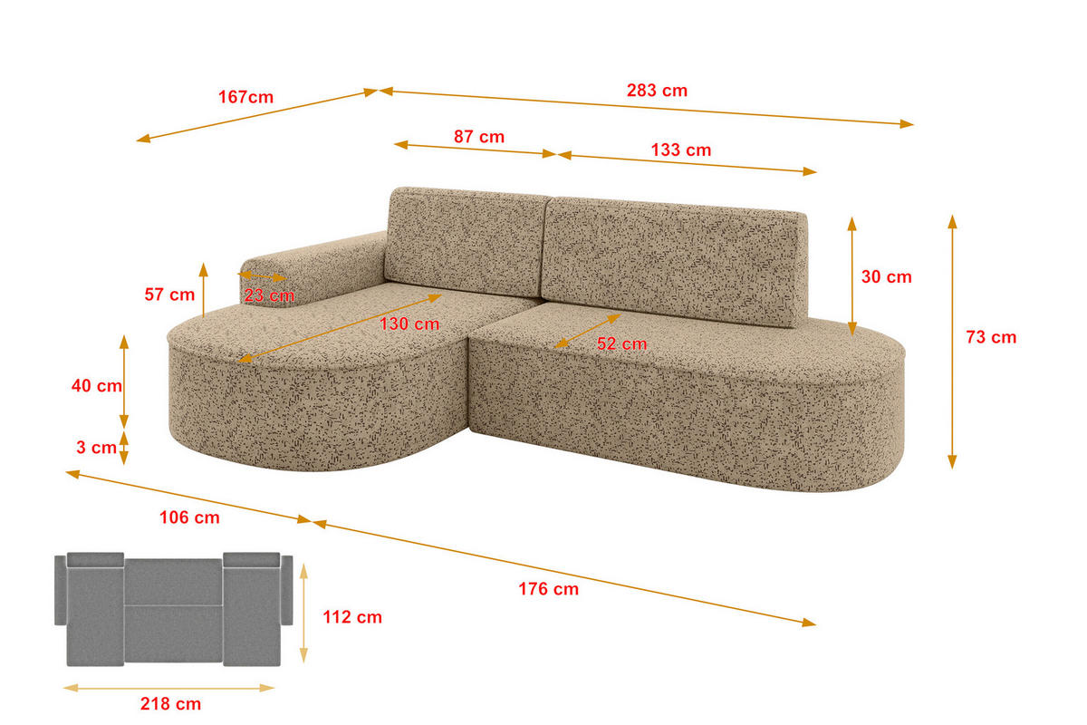 ECKSOFA mit Schlaffunktion und Bettkasten Ottomane Links MARI-L1-S - 283x167x73 cm Braun Tissu - Schwarz/Braun, Holzwerkstoff/Kunststoff (283/167cm) - ALTDECOR