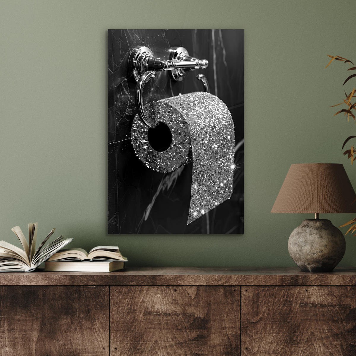 METALLBILD WC - Toilettenpapier - Schwarz und weiß - Glitter 40x60 cm - Silberfarben, Metall (40/60cm) - MuchoWow