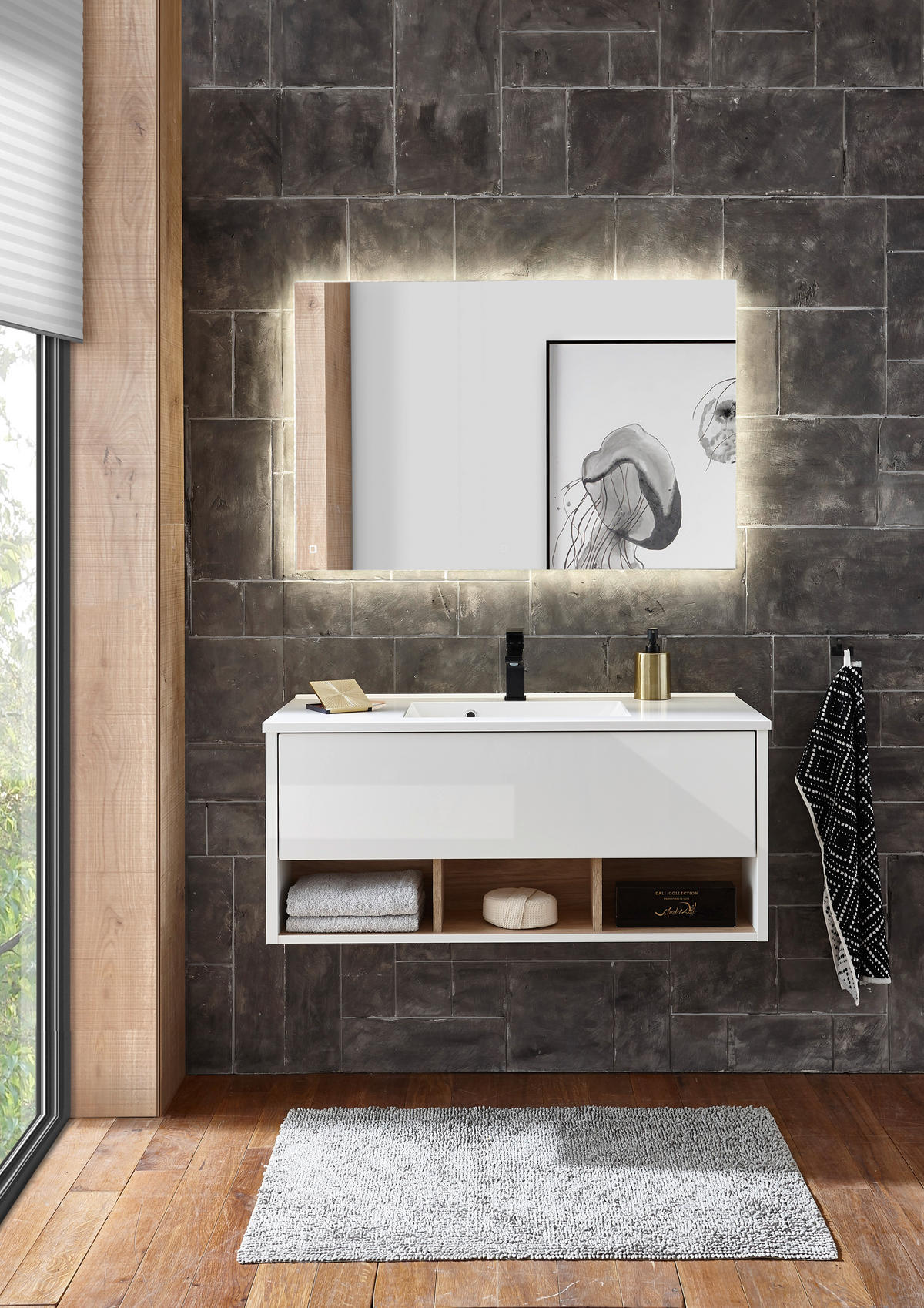 WASCHTISCH M20 Weiß Hochglanz & Eiche Dekor 100/42/46 cm breit ohne Waschbecken - Weiß Hochglanz/Eichefarben, Holzwerkstoff (100/42/46cm) - Livojo