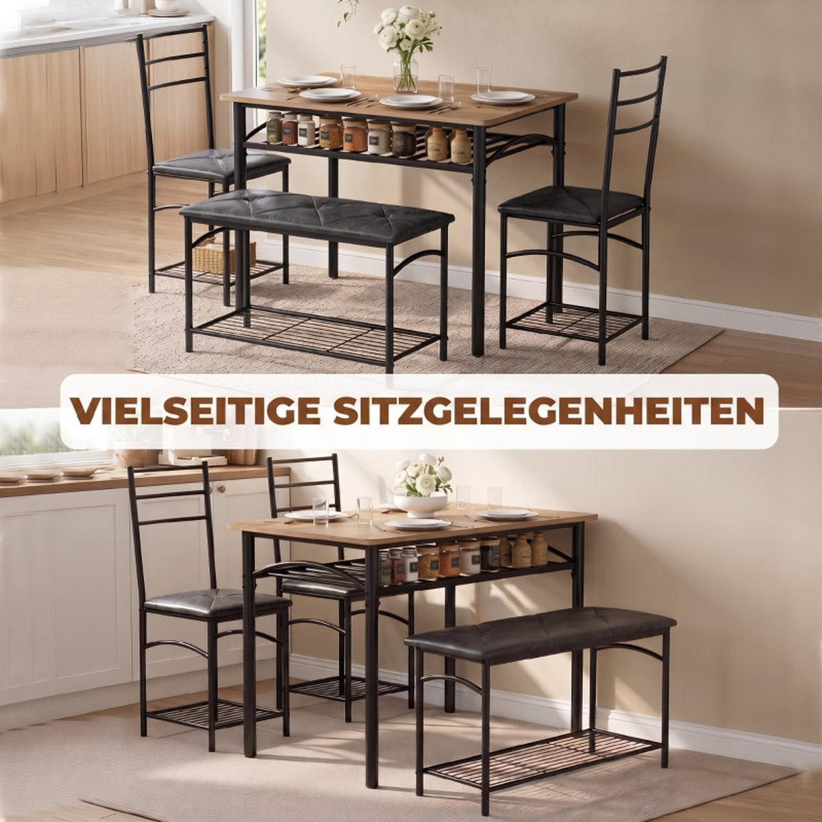 ESSGRUPPE DE-39308 Tisch mit 2 Stühlen und Bank Braun/Schwarz - Braun, Holzwerkstoff (100/76.3/60cm) - ComfortXL