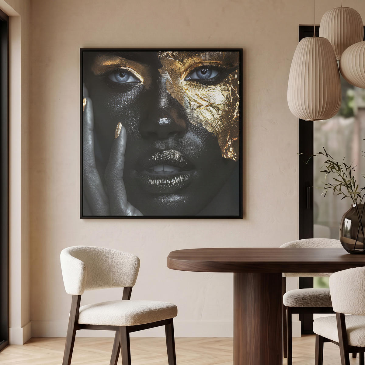 LEINWAND Bilder mit Rahmen - Frau - Gold - Porträt - Schwarz-Weiß - Luxus - 90x90 - Hellblau, Textil (90/90cm) - MuchoWow
