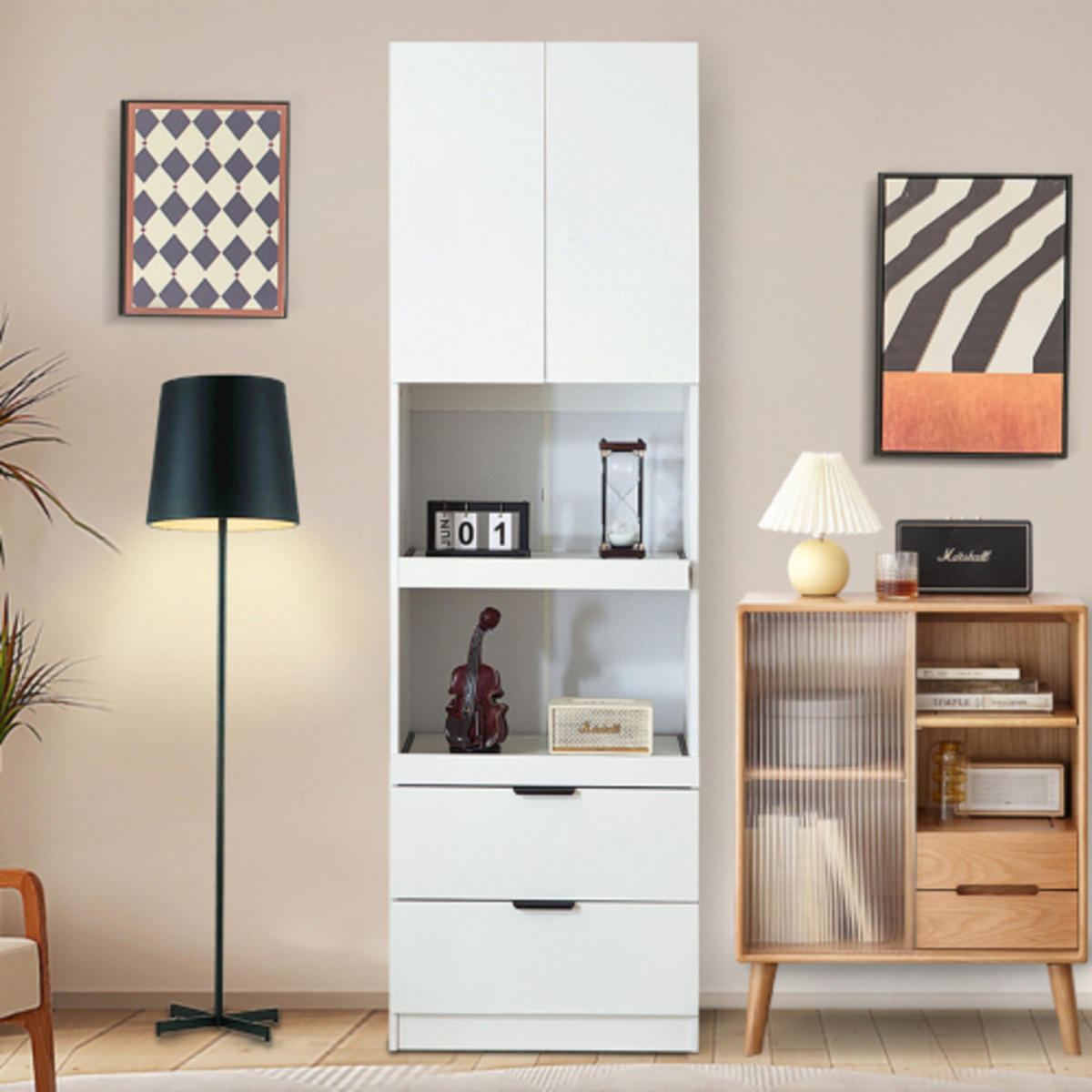 KÜCHENHOCHSCHRANK weiß aus Spanplatte und MDF mit Flügeltür & Schubladen 59,5 × 45 × 200 cm - Weiß, Holzwerkstoff (59.5/200/45cm) - Luhomfu