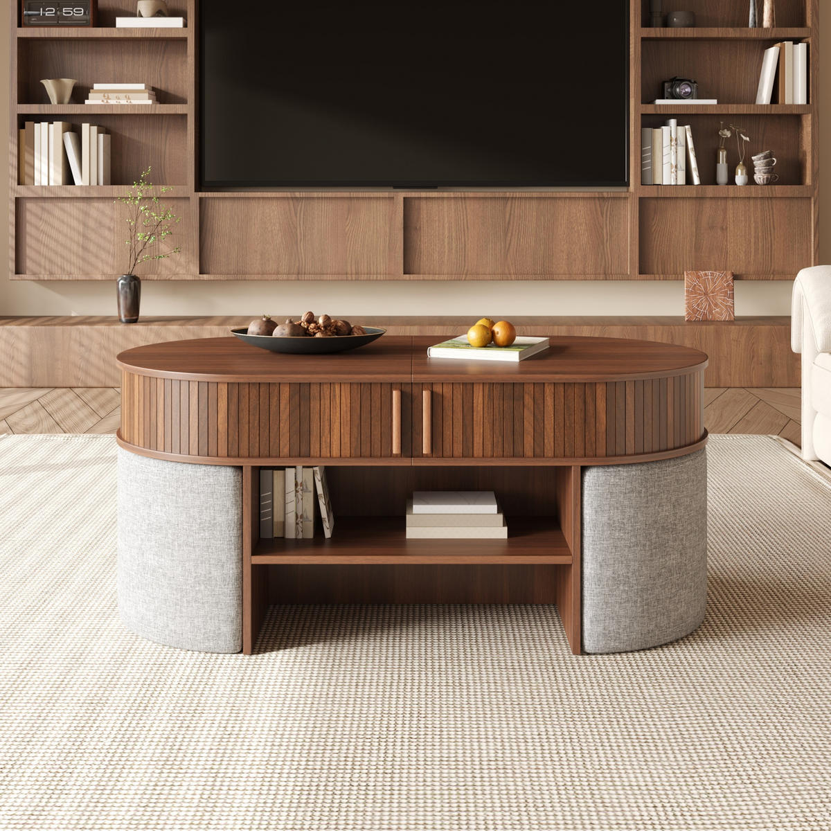 COUCHTISCH Oval Stauraum Rillenoptik mit Hockern Modern - Walnussfarben, Holzwerkstoff (60/120/51.5cm) - FLIEKS