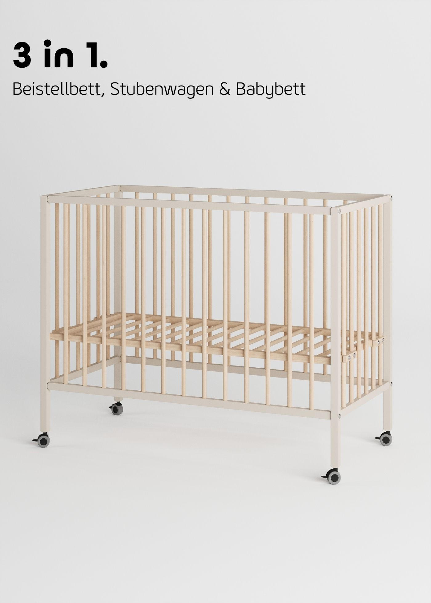 BEISTELLBETT mit Rollen und Umbauseite - sahara dust/natur - Dreamy 4 in 1 Bett - Sandfarben/Naturfarben, Holz (120/90/60cm) - Sämann – make a difference.