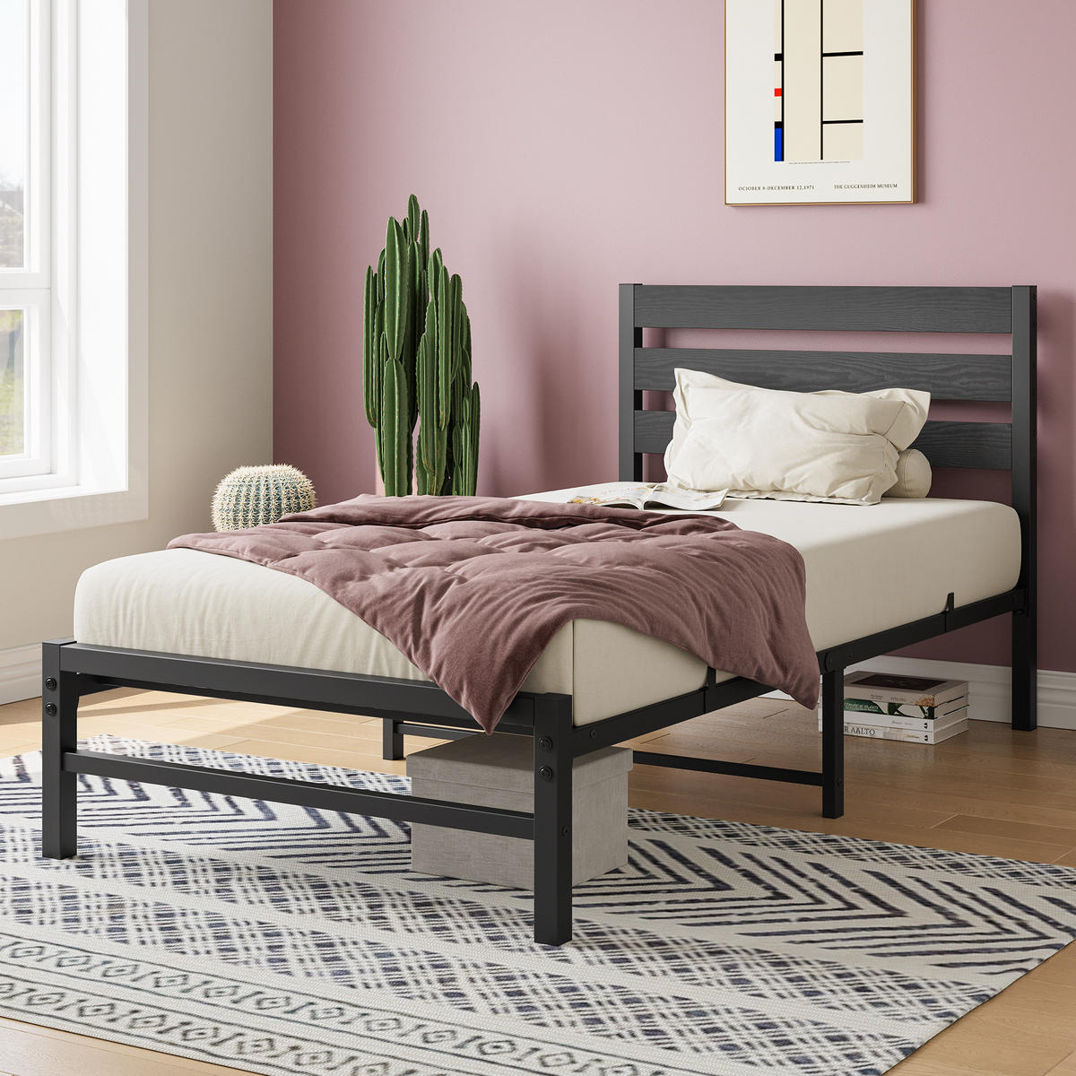 METALLBETT 90/200 mit Stauraum unter dem Bett, mit Lattenrost - Schwarz, Metall (90/200cm) - STILVORA