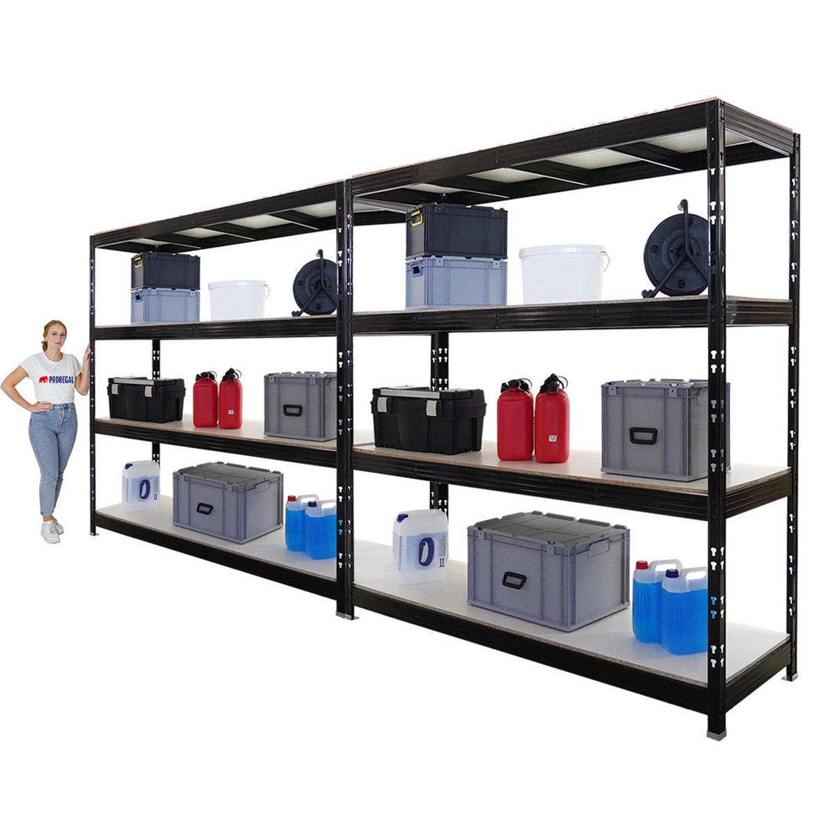 SCHWERLASTREGAL Rhino 2er-Set 200x200x60 cm 4 Melamin-Ebenen 16mm Fachlast 500 kg Schwarz - Schwarz, Metall (400/200/60cm) - PROREGAL