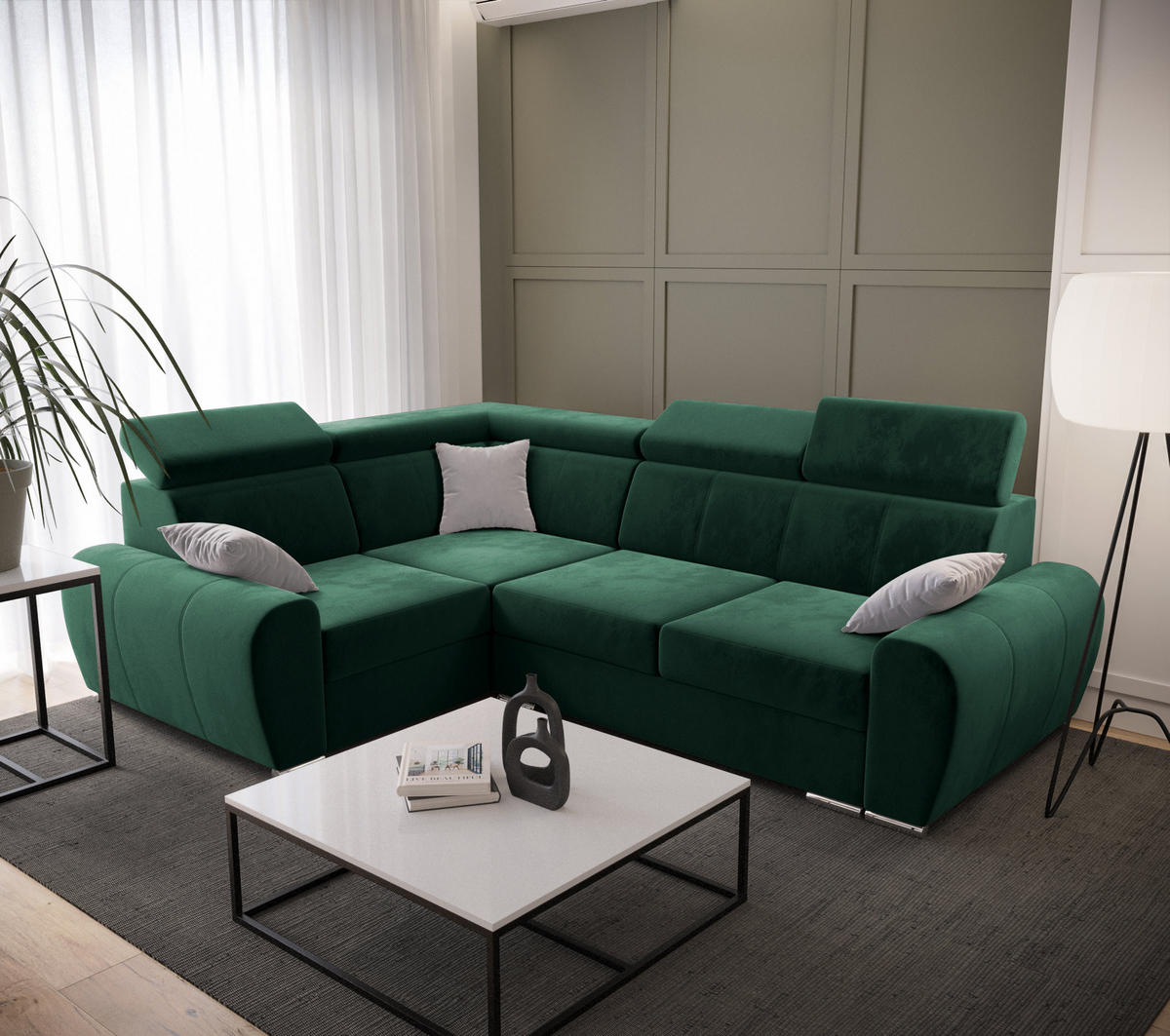 ECKSOFA APOLLO KN08, Eckcouch in L-Form mit Schlaffunktion, Farbe: Grün, Velourstoff, Ottomane Links - Grün, Textil (255/190cm) - O-Sofa