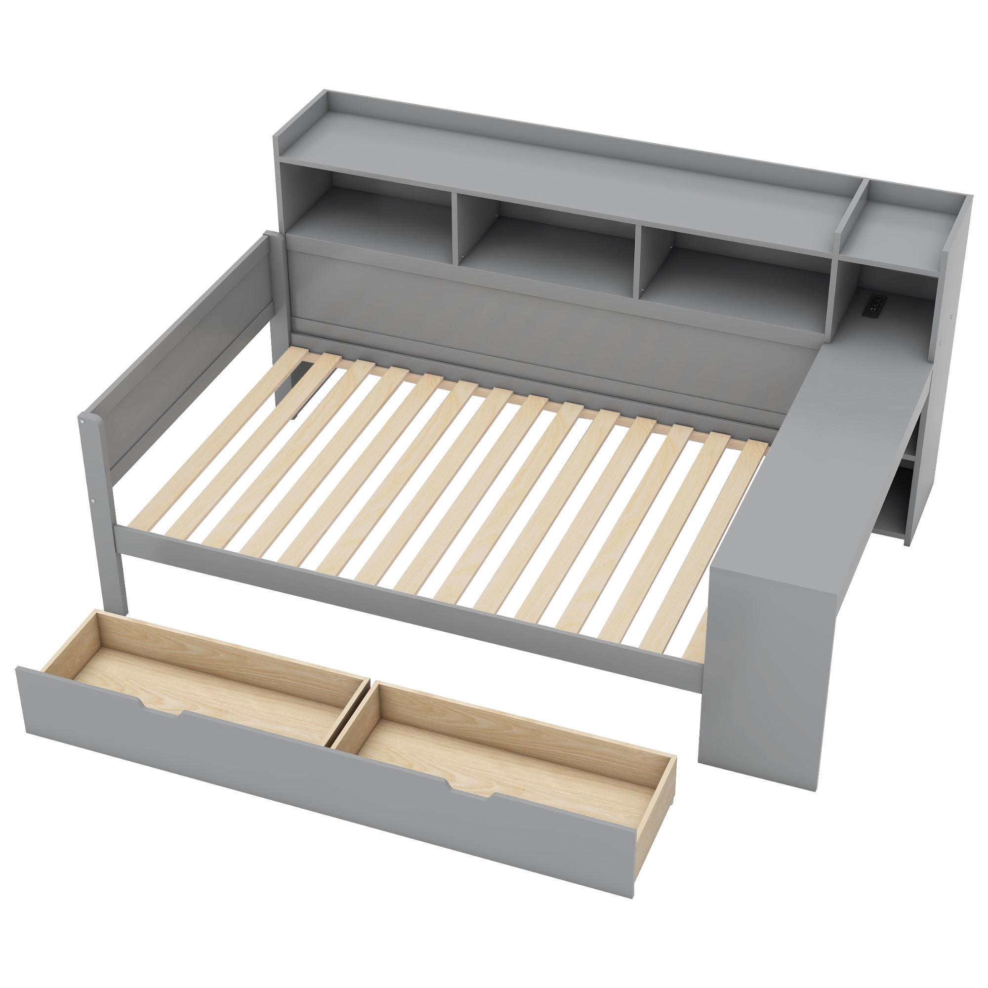 TAGESBETT 90/200 cm DE-04807, mit Schreibtisch und 2 Schubladen in Grau - Grau, Holzwerkstoff (90/200cm) - ComfortXL