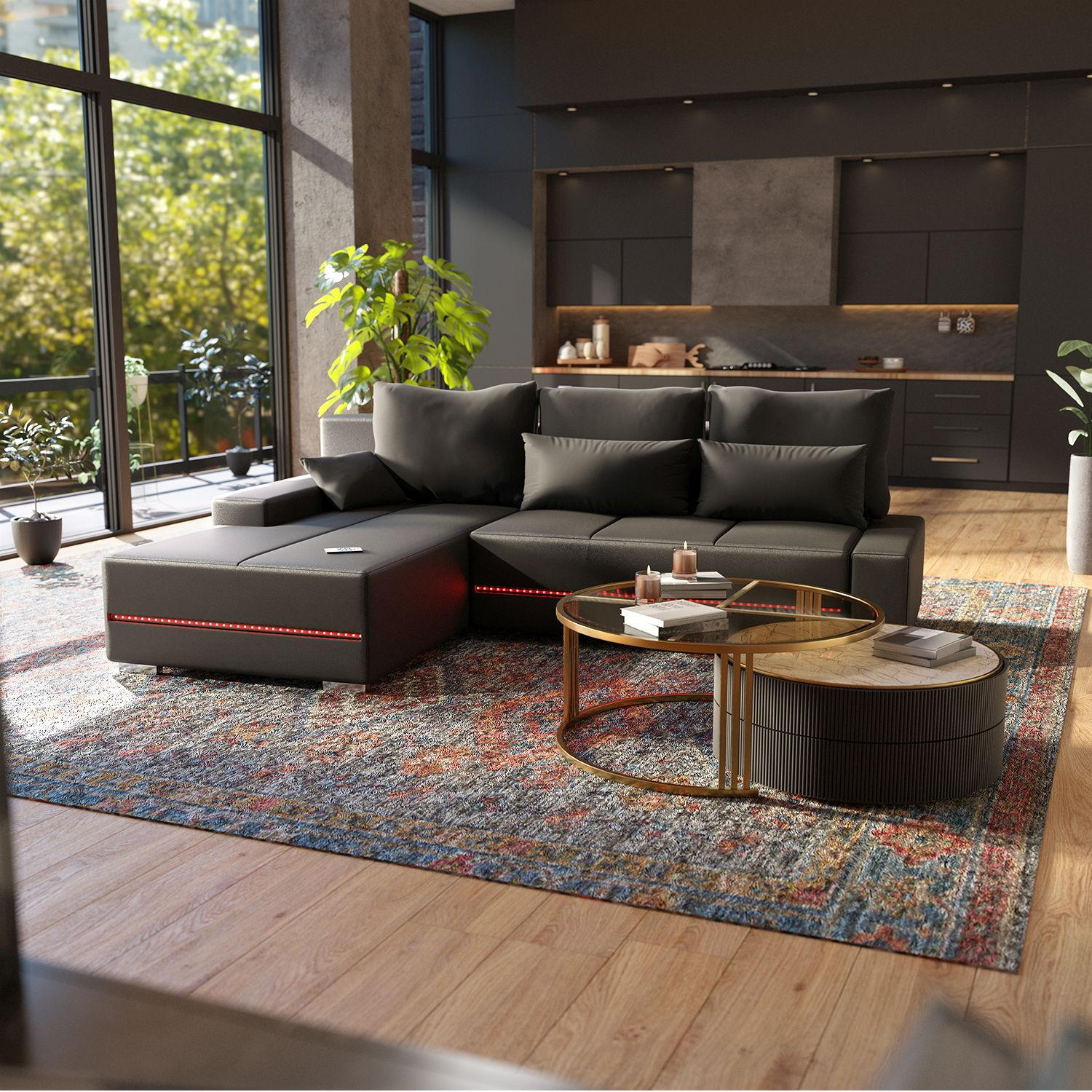 SOFA Davos mit Ottomane links dunkelgrau inkl LED - Dunkelgrau, Textil (260/180cm) - Juskys