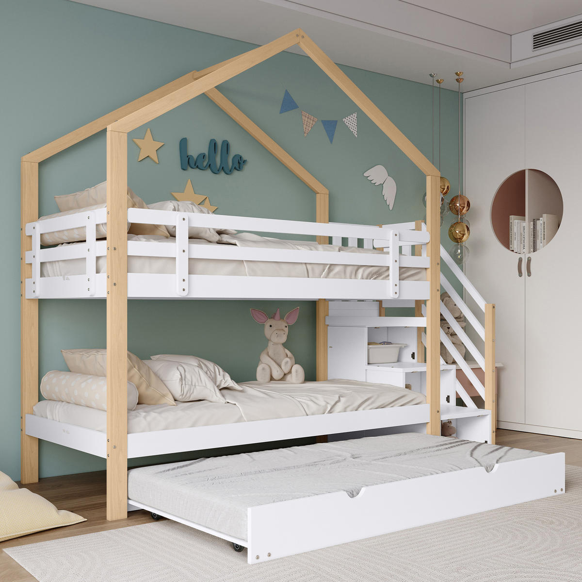 ETAGENBETT mit Ausziehbett und Schubladentreppe 90x200/90x190 cm Natur/Weiß - Weiß, Holzwerkstoff (90/200cm) - Beauniv
