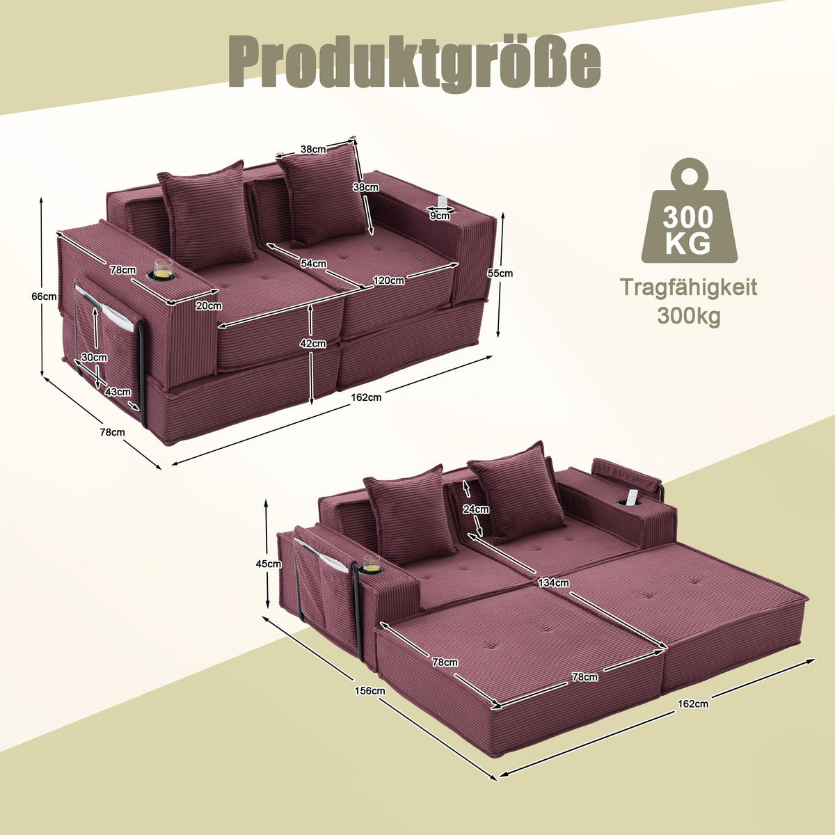 SOFA modular mit Seitentaschen 162 x 78 x 66 cm Cord Weinrot - Rot, Kunststoff (78/66/162cm) - Meubliv