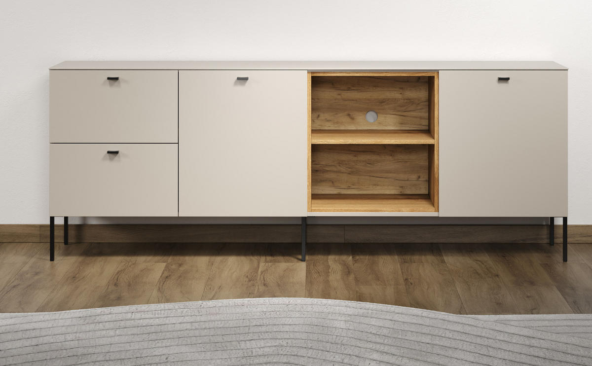 SIDEBOARD Kaschmir, Eiche 200 cm, Kommode mit Soft-Close - Kaschmir/Schwarz, Holzwerkstoff/Metall (200/75/40cm) - Top.Furn