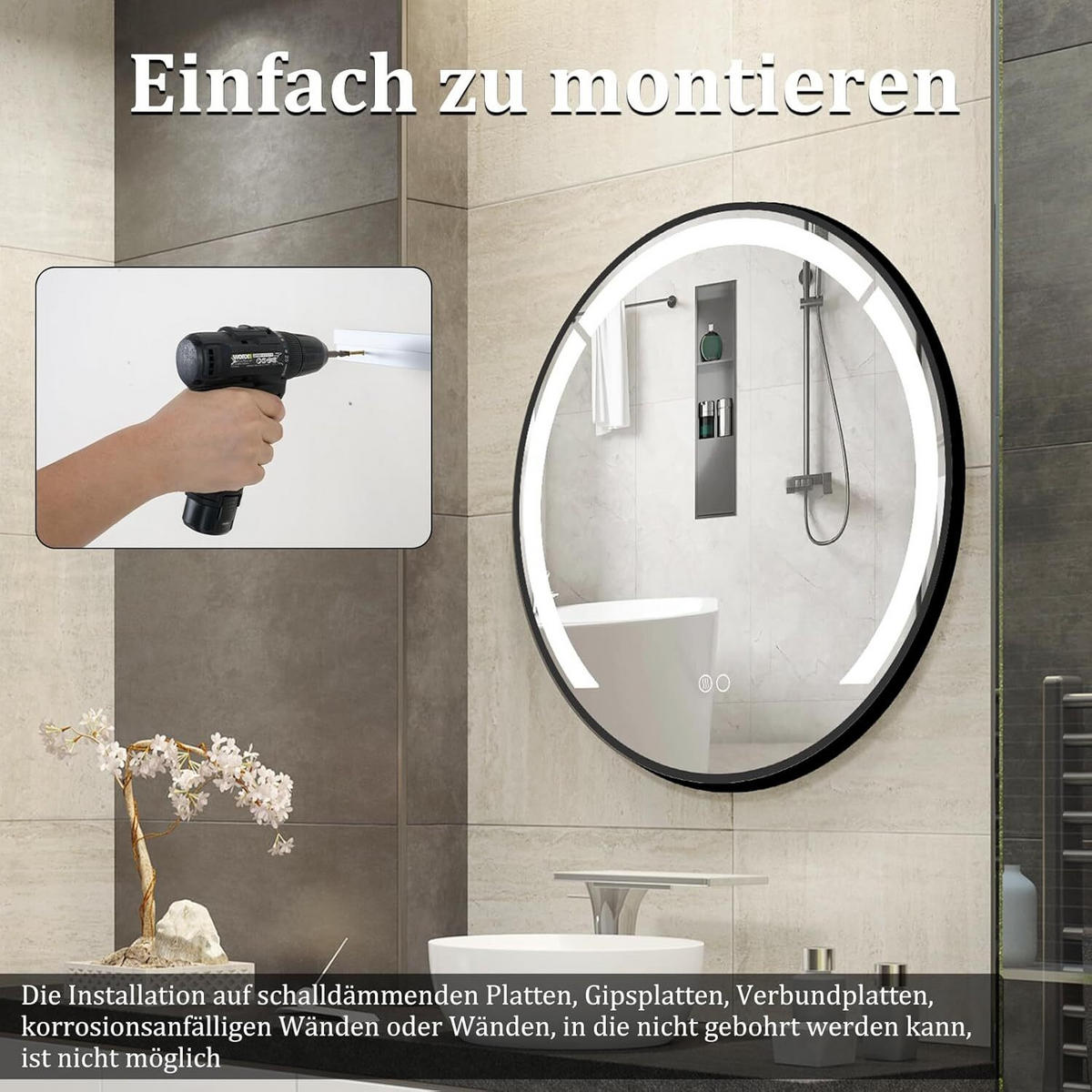 BADSPIEGEL rund schwarz - Schwarz, Glas (60/60/3.5cm) - COSTWAY