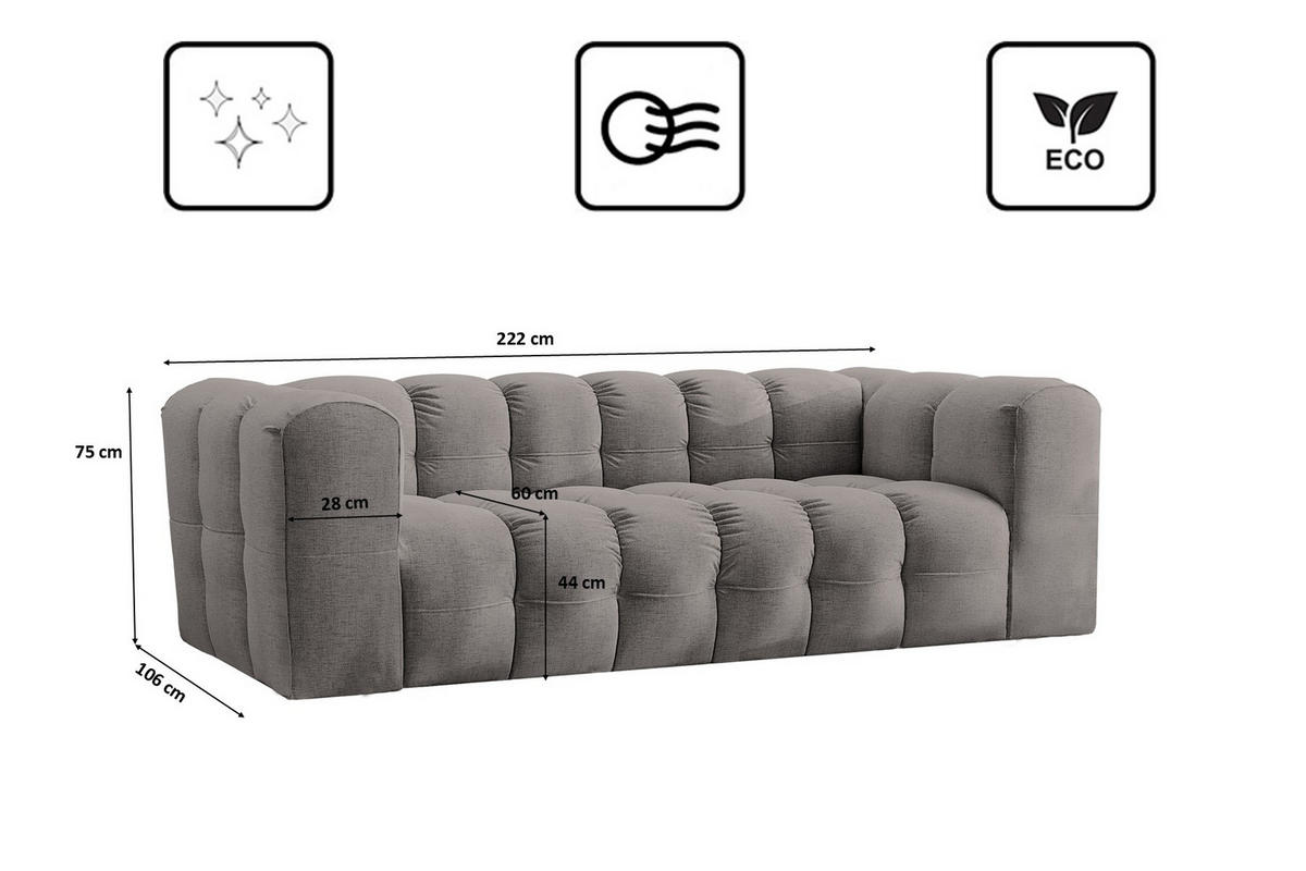 SOFA 3-Sitzer, Komfort, BALOO, Stoff Schenille, Grau - Grau, Holz (222/75/106cm) - Kaiser Möbel