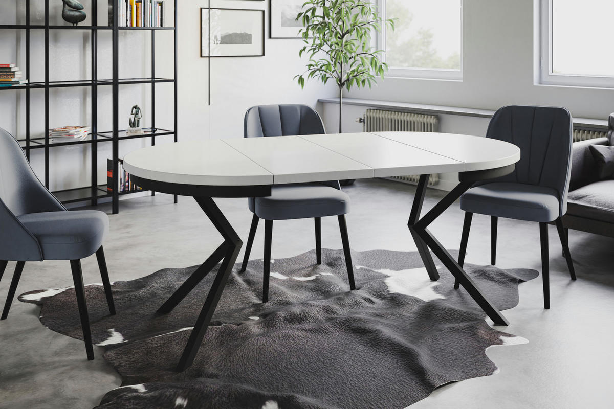 ESSZIMMERTISCH BERGO, ausziehbarer Tisch 120 cm/200 cm, Farbe: Weiß, mit Metallbeinen in Farbe Schwarz - Schwarz/Weiß, Holzwerkstoff (120/120/76cm) - Alpi-Möbel
