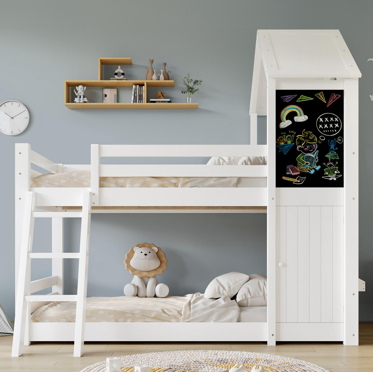 ETAGENBETT 90/200 cm Weiß mit Tafel und Dach für Kinder - Weiß, Holzwerkstoff (90/200cm) - OKWISH