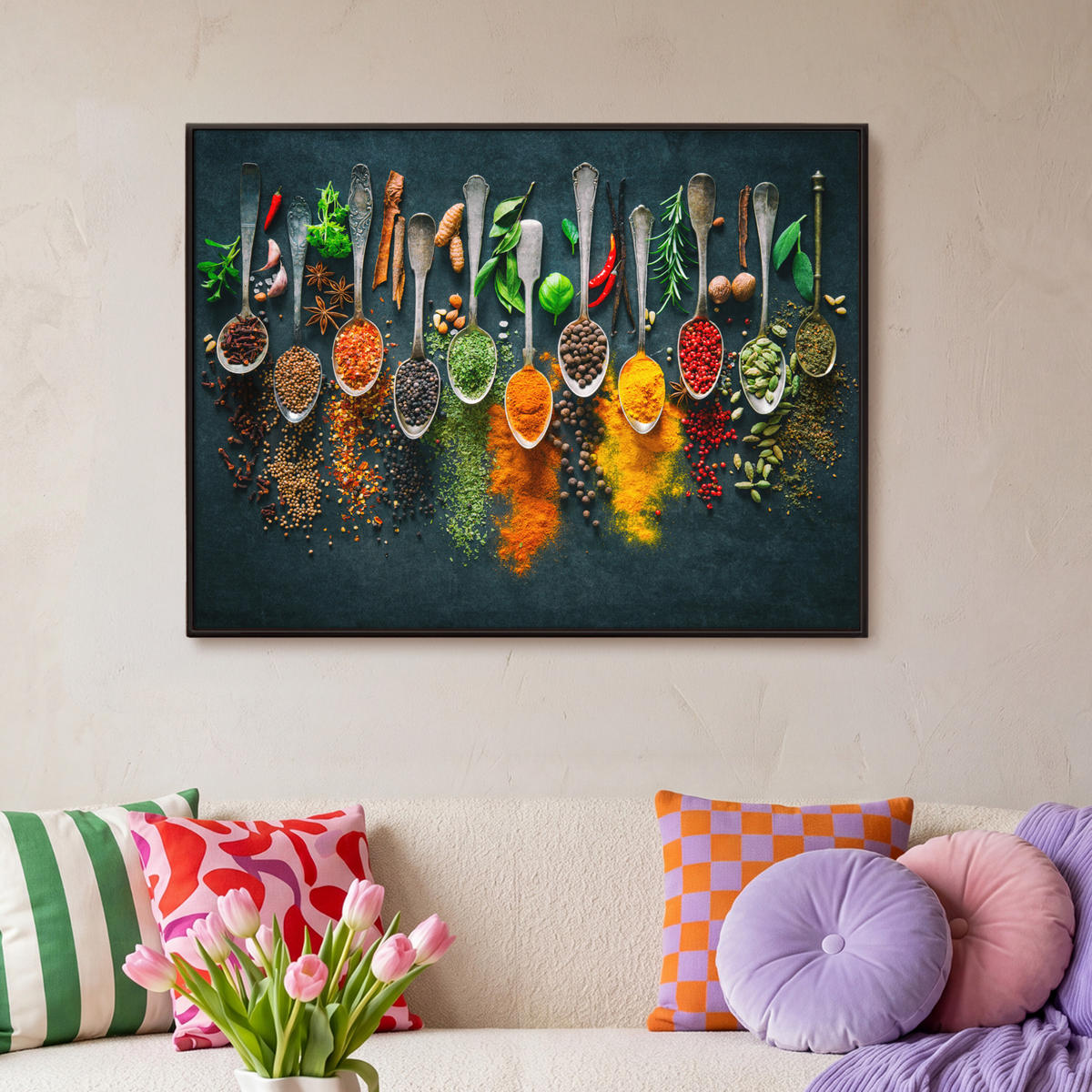 LEINWAND Bilder mit Rahmen - Kräuter - Gewürze - Löffel - 100x70 - Currygelb, Textil (100/70cm) - MuchoWow