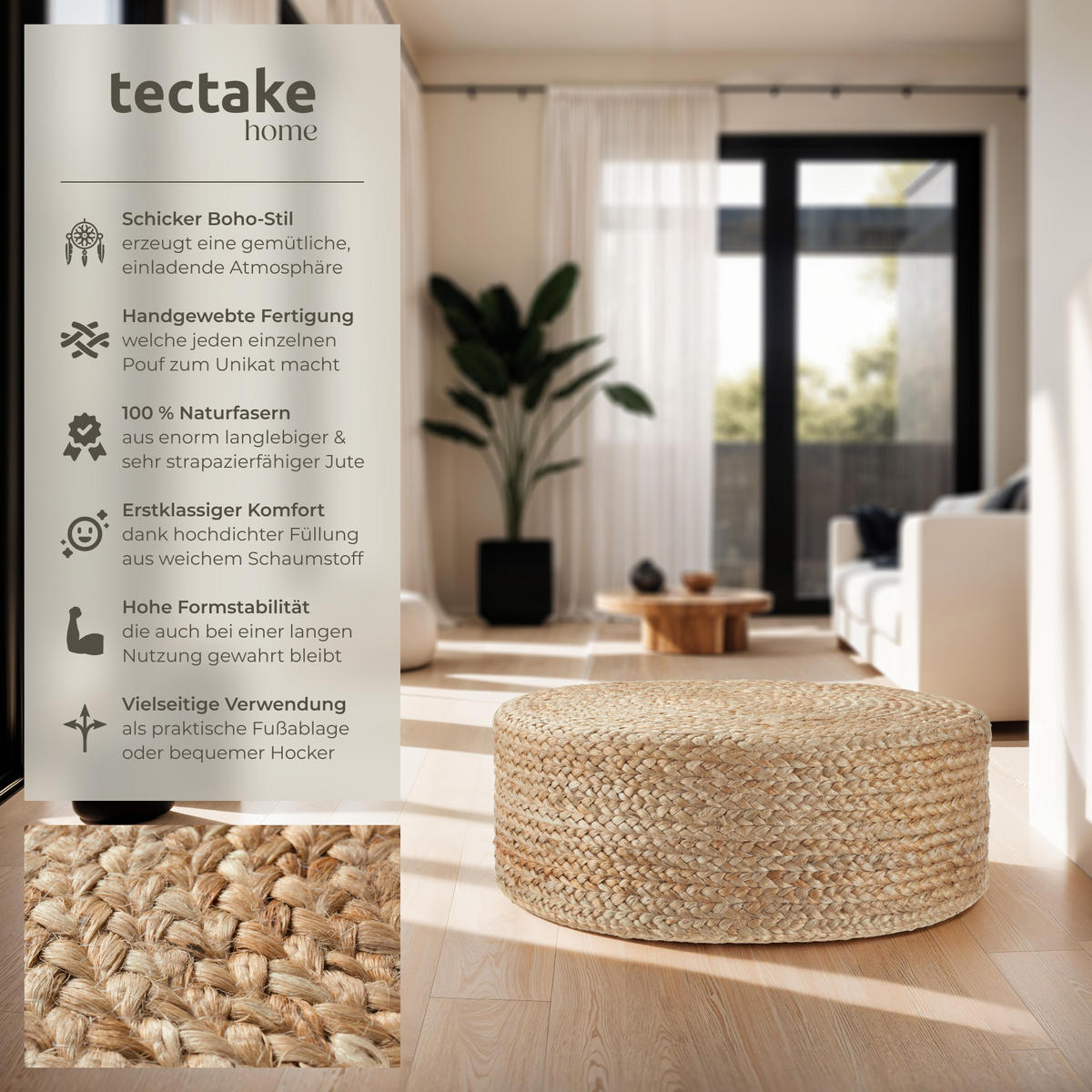 HANDGEFERTIGTER POUF Banno Elipse,58 x 22 cm, Belastbarkeit 150 kg,beige - Beige, Textil (58/22/58cm) - tectake