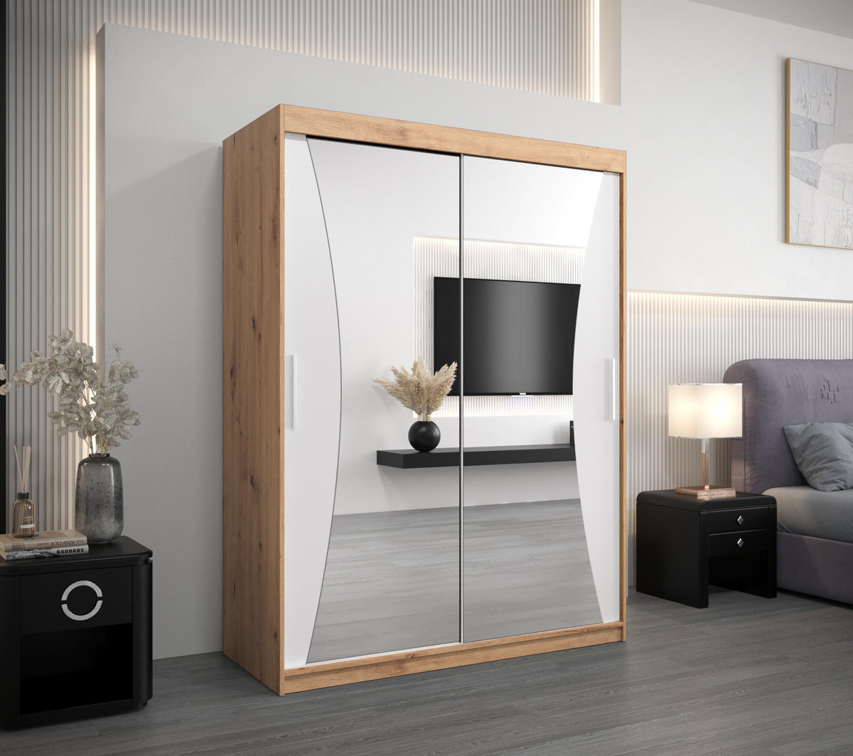 SCHWEBETÜRENSCHRANK 200/150/62 2-türig - Silberfarben/Weiß, Holz/Kunststoff (150/200/62cm) - Abiks Möbel