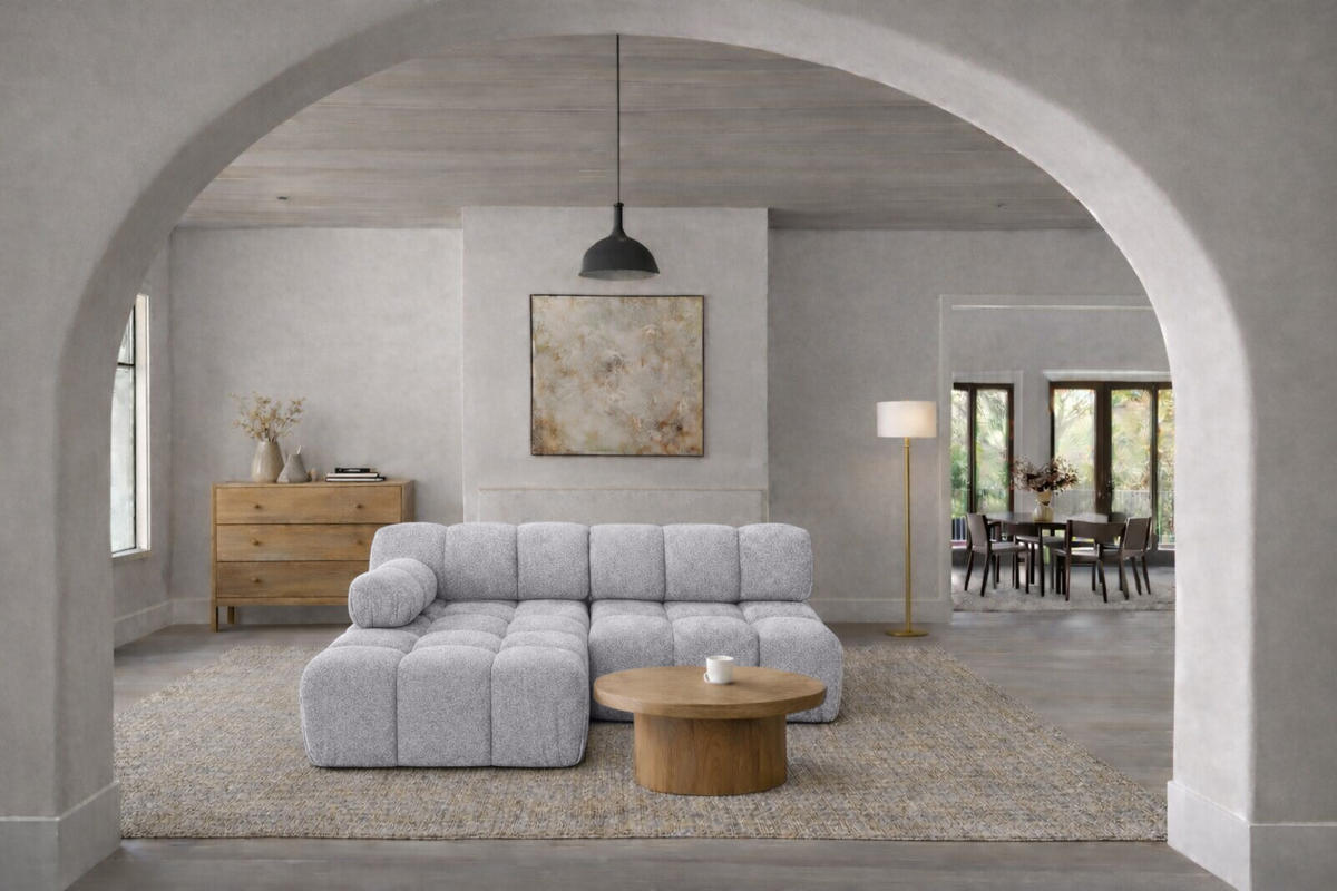 ECKSOFA L-Form Mini II Modular, Bouclé-Stoff Abriamo, Hellgrau, Links, Selia - Hellgrau, Holz (190/160cm) - Kaiser Möbel