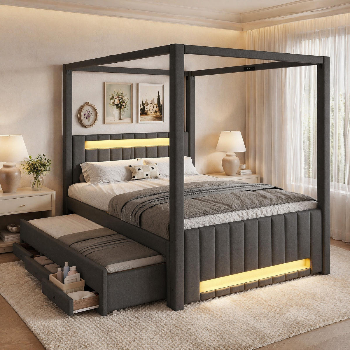 POLSTERBETT 140/200 mit Ausziehbett, Schubladen und LED-Beleuchtung in Grau - Grau, Holzwerkstoff/Textil (140/200cm) - EVRYAE