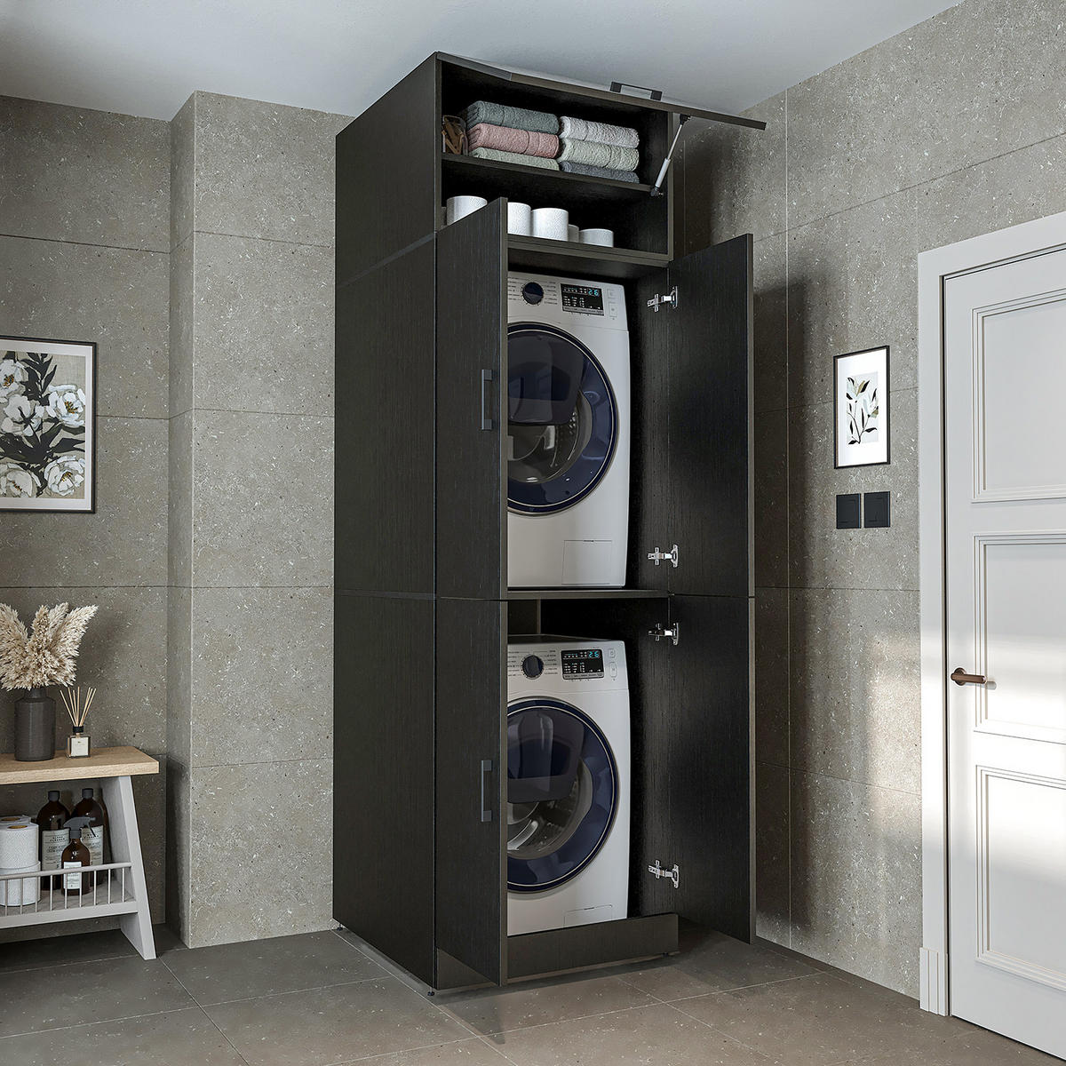 WASCHMASCHINENSCHRANK DORA-II 70cm Breit, 230cm Hoch - Schwarz, Holzwerkstoff (70/230/74cm)