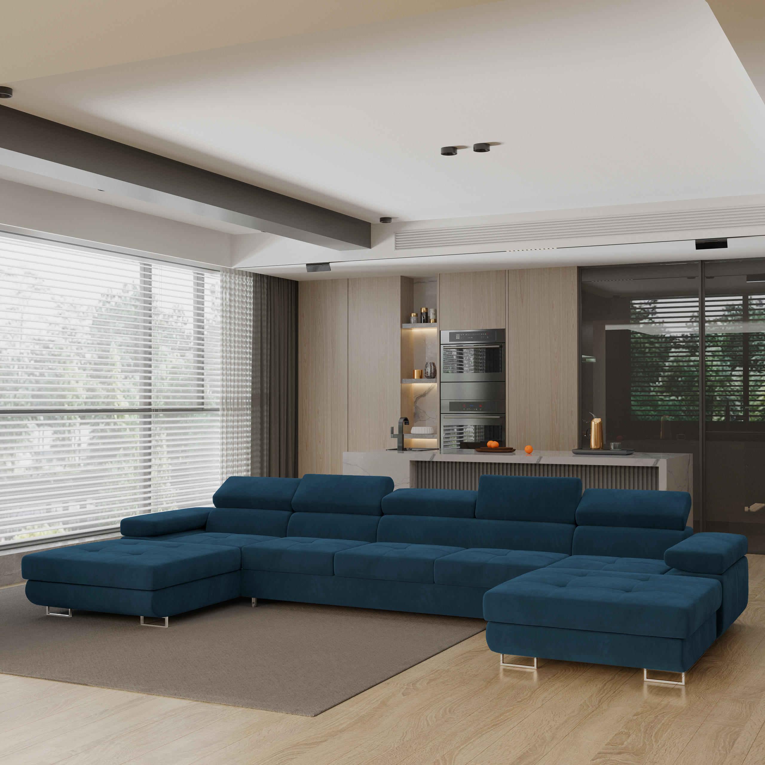 WOHNLANDSCHAFT OMBRA Blau Velours-Stoff mit Schlaffunktion - Blau, Holz (425/90/202cm) - MASSENO