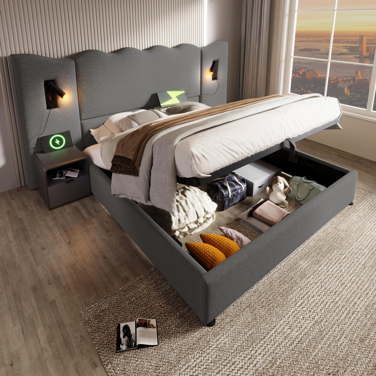 POLSTERBETT 160/200 cm Grau mit Leselampe und USB Type-C Ladefunktion mit Matratze - Grau, Textil (160/200cm) - OKWISH