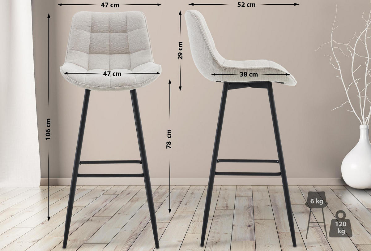 BARHOCKER 2er Set Stoff creme - Creme/Schwarz, Textil/Metall (47/106/52cm) - CLP