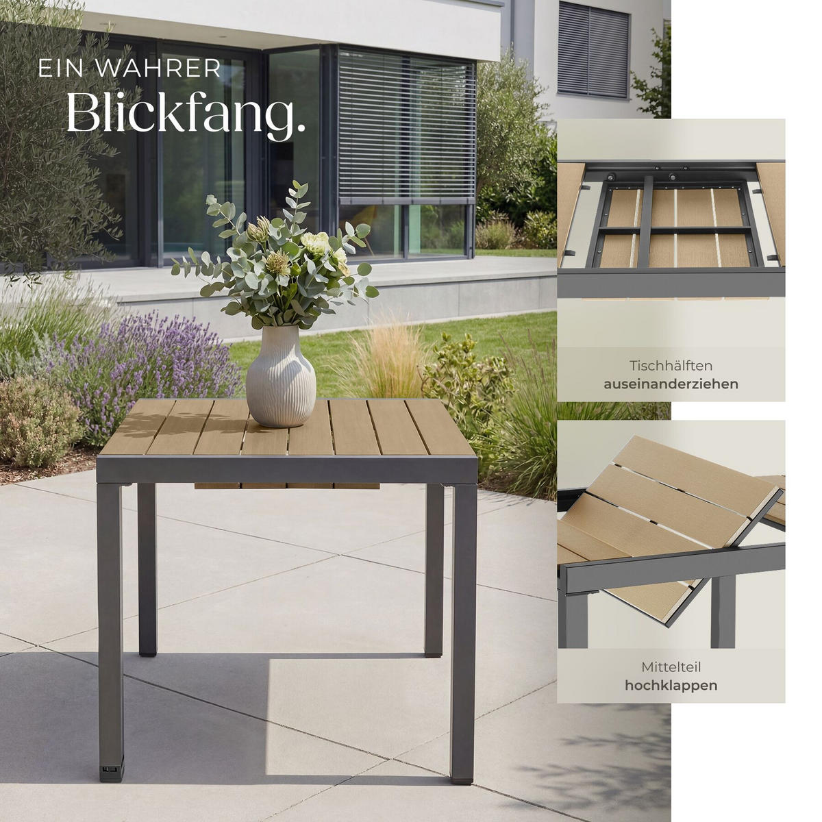 GARTENTISCH aus Aluminium Inca, 80–120 x 80 x 74 cm, schwarz/braun - Schwarz/Braun, Kunststoff (120/80/74cm) - tectake