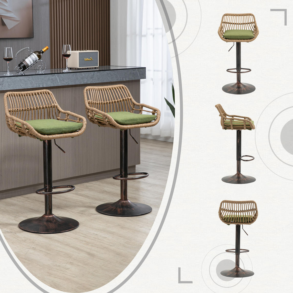 BARHOCKER 2er Set Höhenverstellbar, 360° drehbar, Fußstütze, Rattan Grün - Grün, Metall (49/109/48cm) - PARAFTA HOME