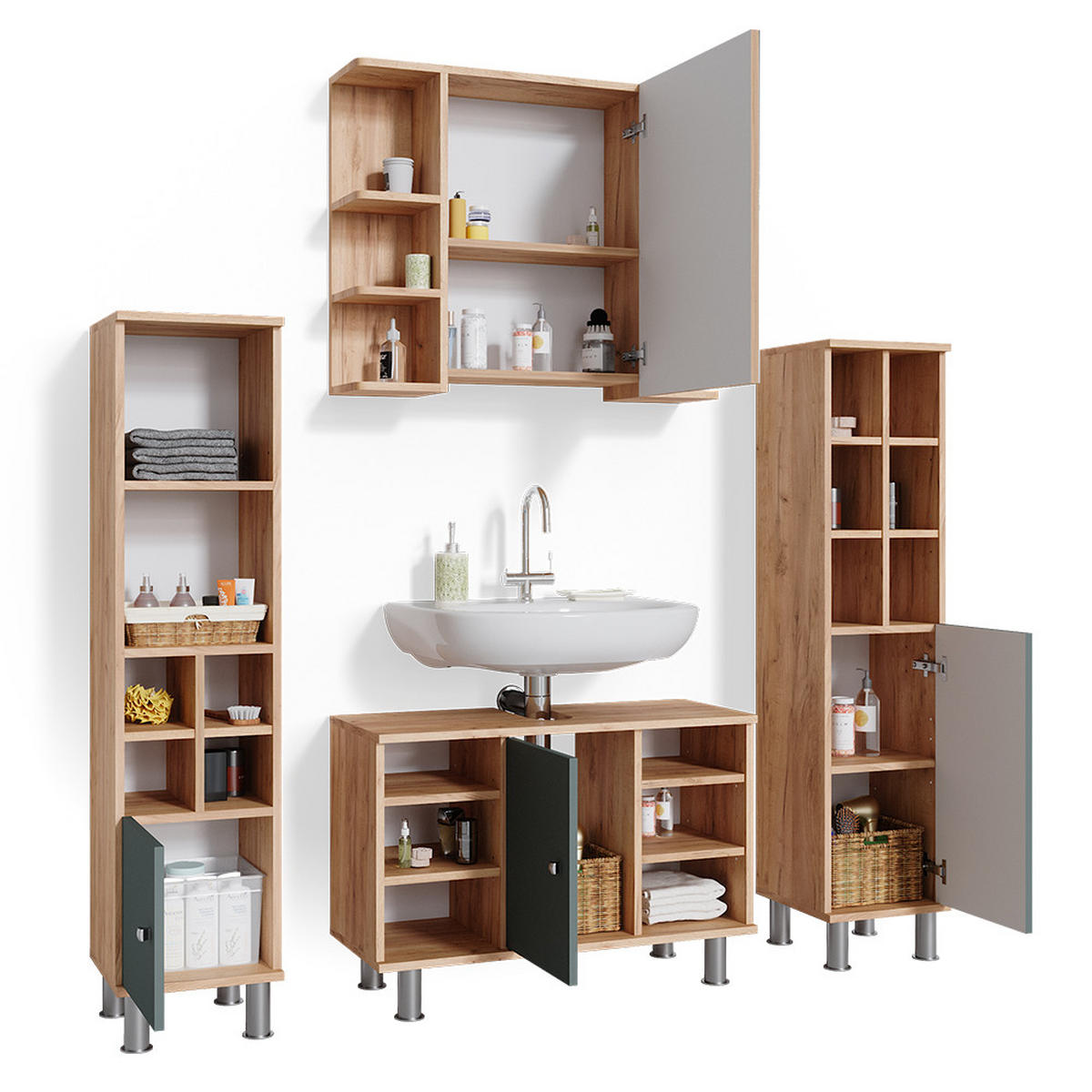 BADMÖBEL-SET Fynn Grün 4 Teile, mit Midischränke - Honigeiche/Grün, Holzwerkstoff (60/54/32cm) - Vicco