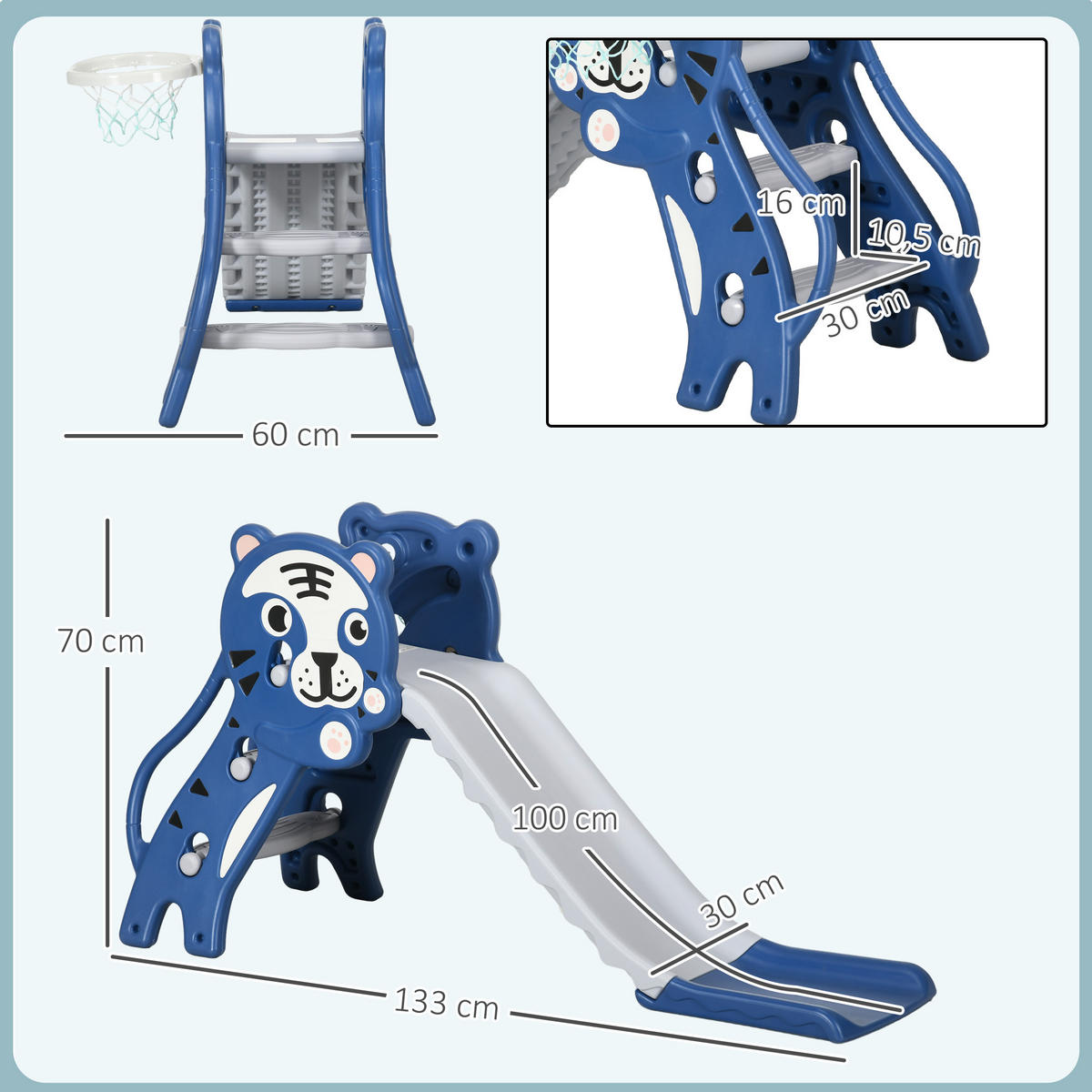 KINDERRUTSCHE DE-17970 3-in-1 mit Basketballkorb & Tigermotiv Blau - Blau, Kunststoff (60/70/133cm) - ComfortXL