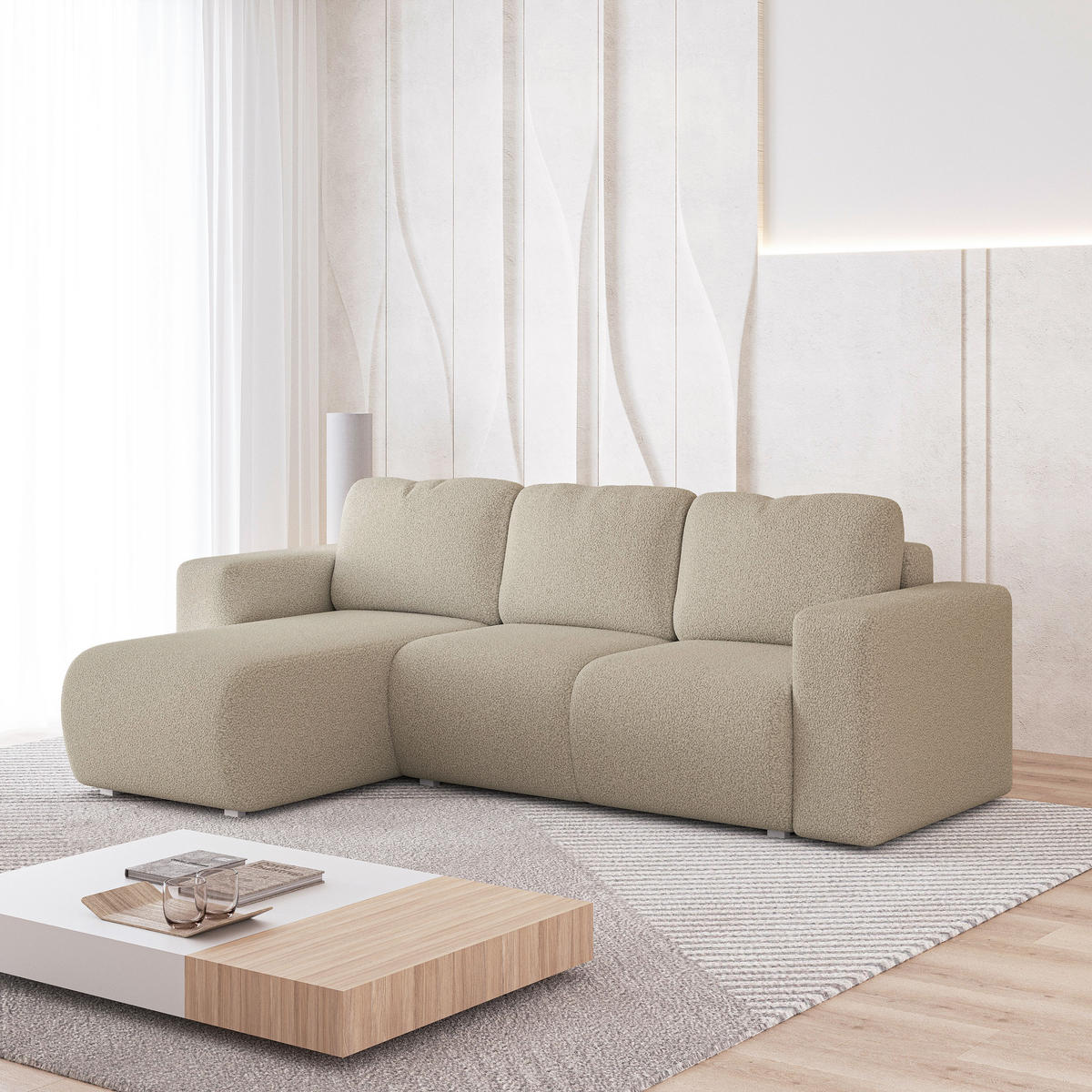 ECKSOFA RINOVA Beige Boucle-Stoff mit Schlaffunktion - Beige, Holz (250/143cm) - MASSENO