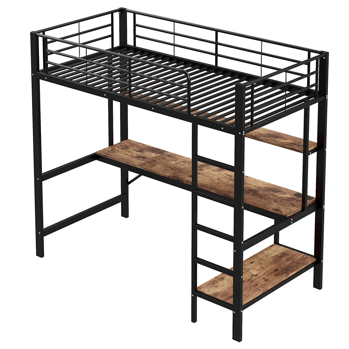 HOCHBETT 90/200 cm mit Schreibtisch, Regal, USB, Steckdose und LED-Ambientelicht, Schwarz - Schwarz, Metall (90/200cm) - Redom
