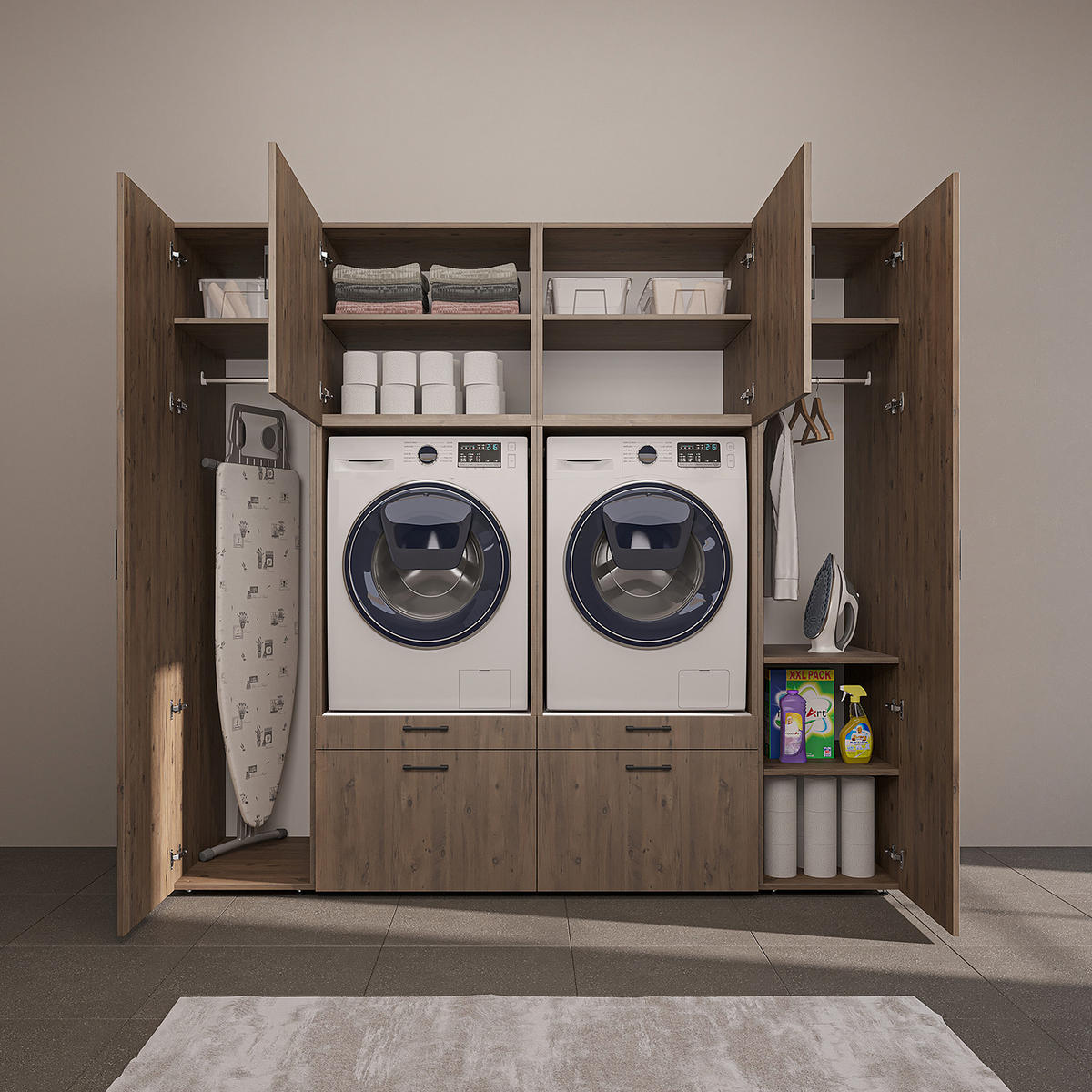 WASCHMASCHINENSCHRANK Serie 2 224cm Breit, 205cm Hoch - Eichefarben, Holzwerkstoff (224/205/67cm)