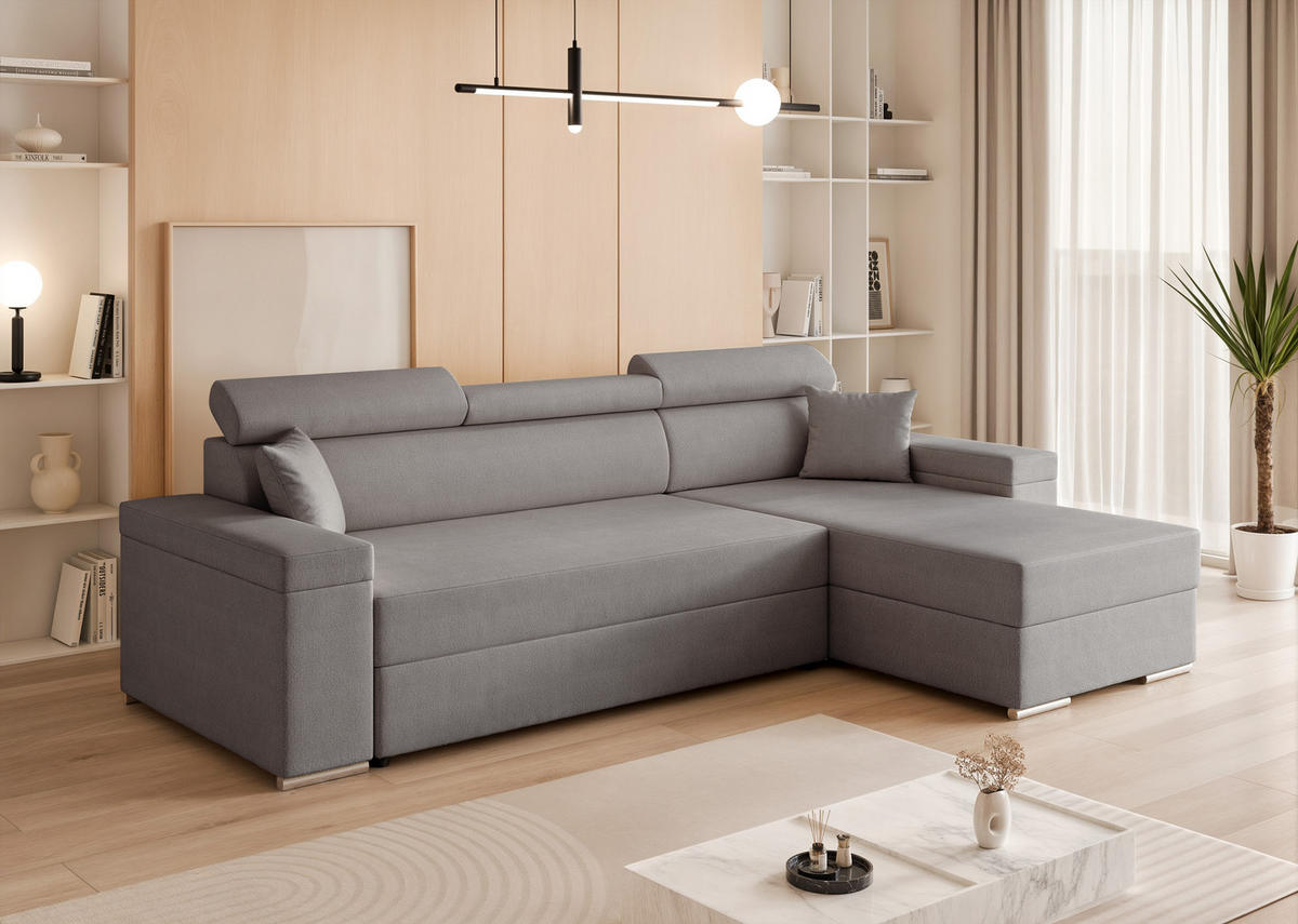 ECKSOFA AISHA mit Schlaffunktion und Bettkasten Grau - Grau, Holzwerkstoff/Kunststoff (250/90cm) - Idohome